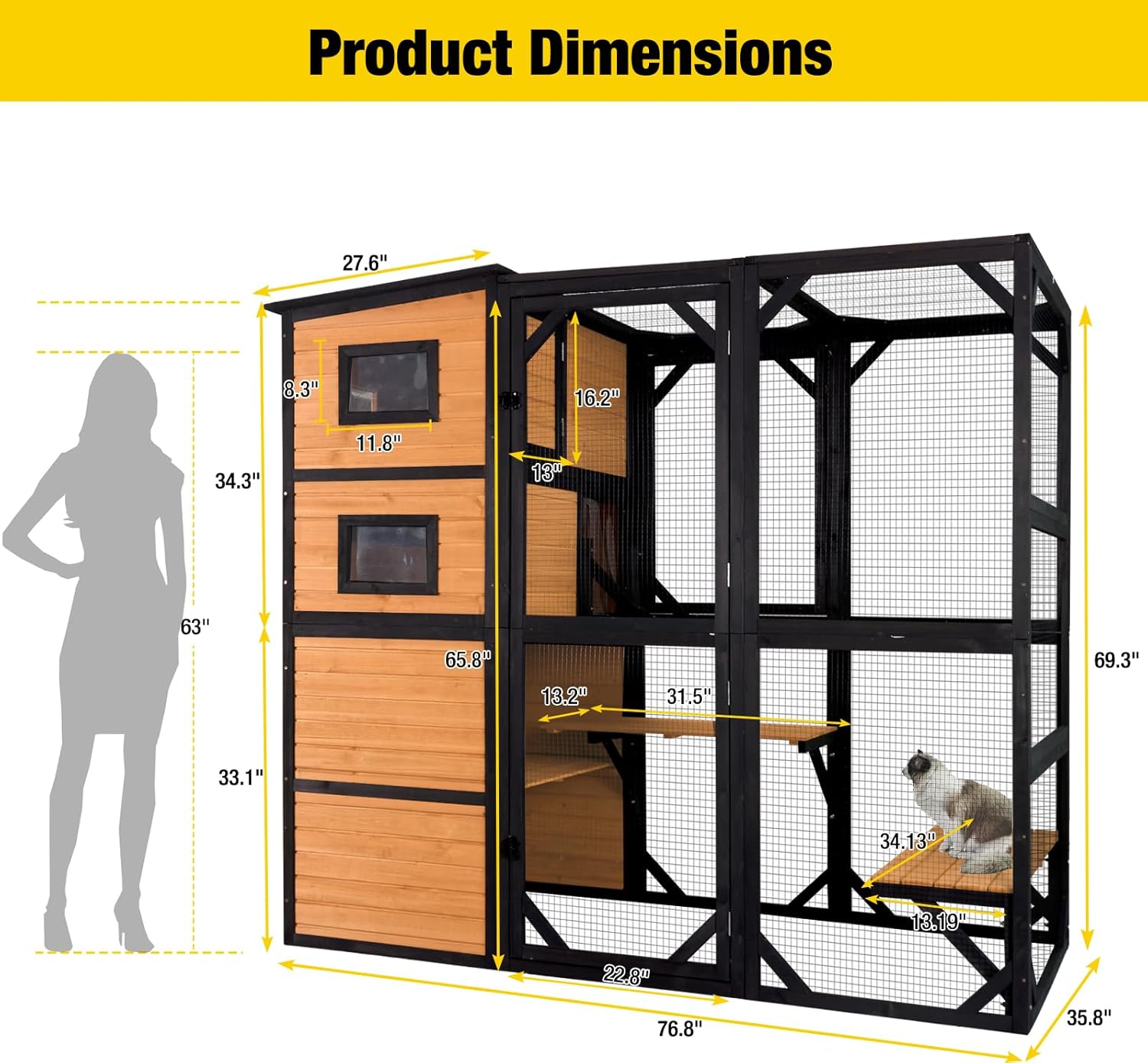 Large Cat Catio, 4 Tiers, Weatherproof Roof, 70″H x 77″L