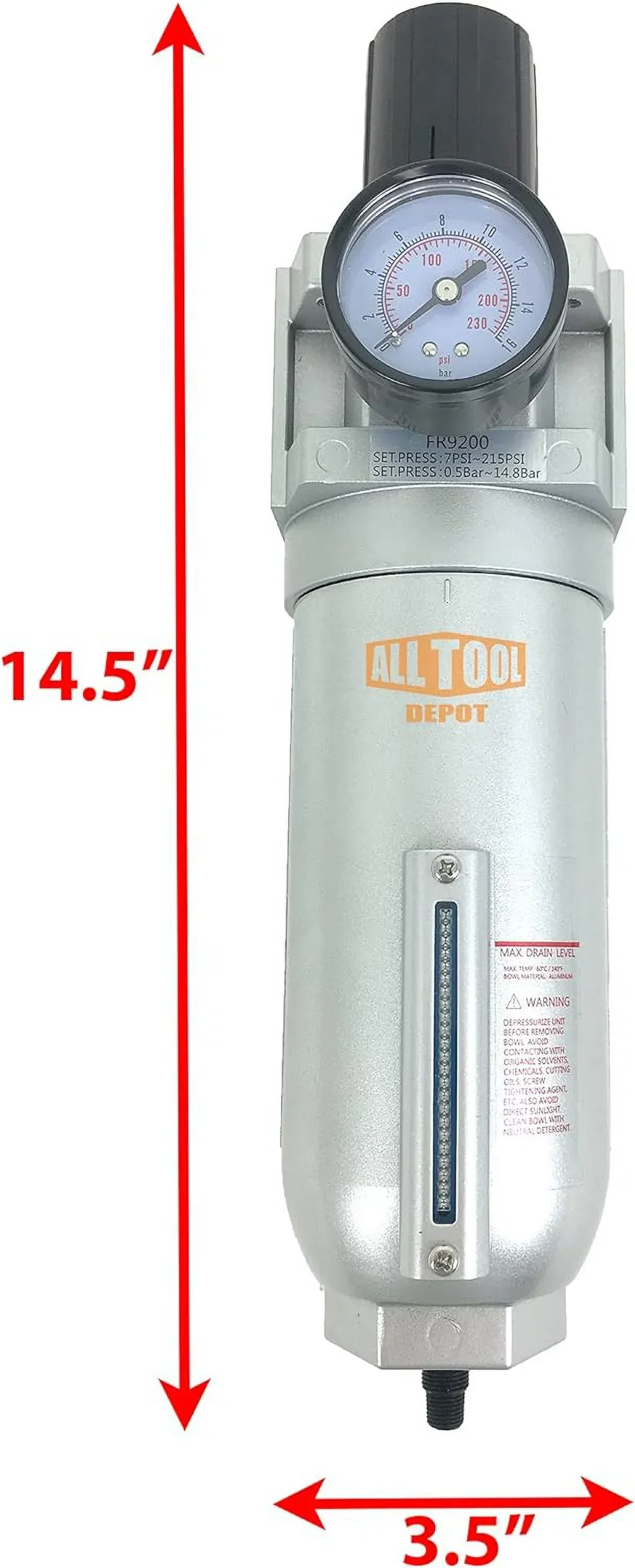 NPT Compressed Air In-Line Filter Regulator Combo, Metal Bowl, 5 Micron, 7 To 175 PSI – Auto Drain