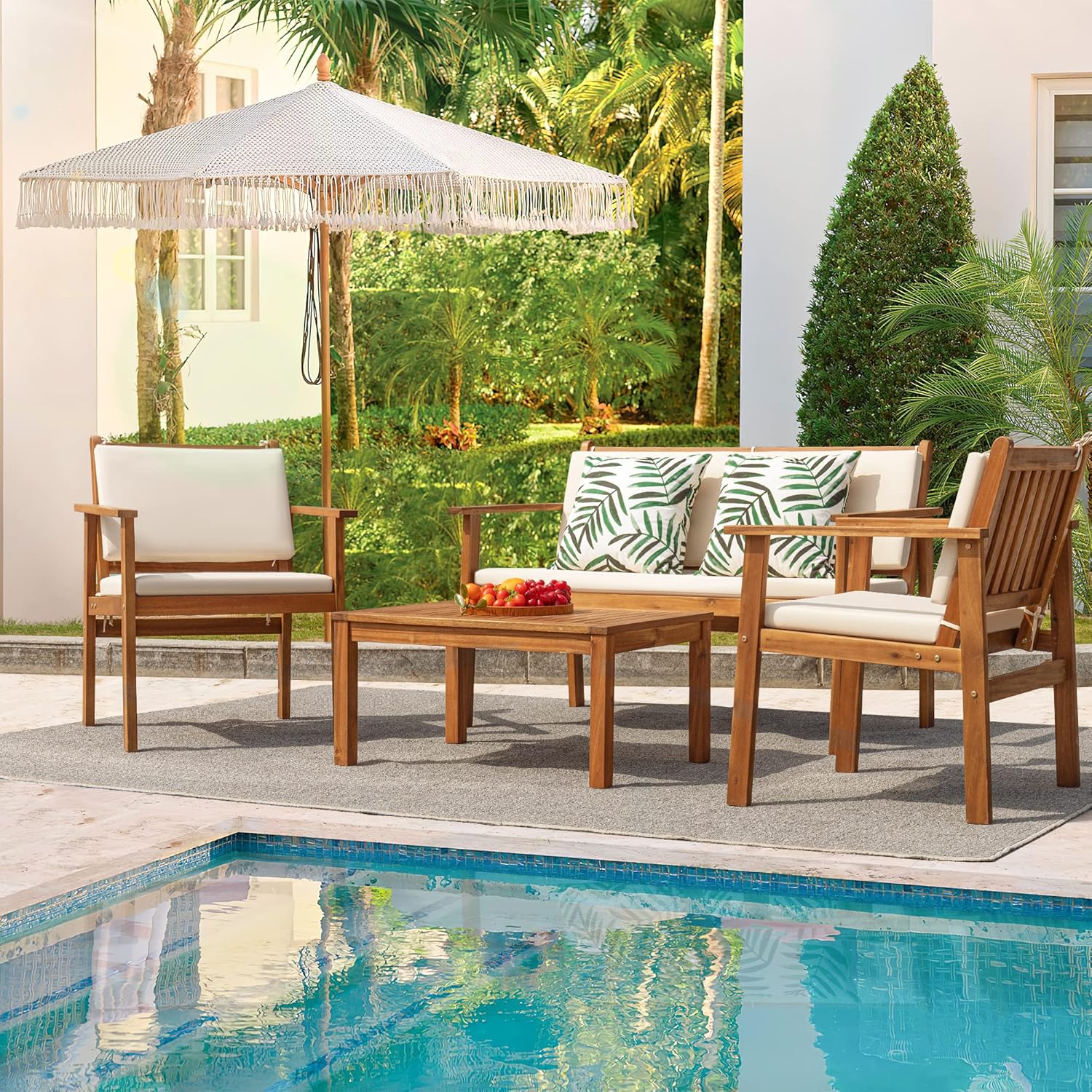 Patio Furniture 4 Piece Outdoor Acacia Wood Patio Conversation Sofa Set with Table & Cushions Porch Furniture for Deck, Balcony, Backyard