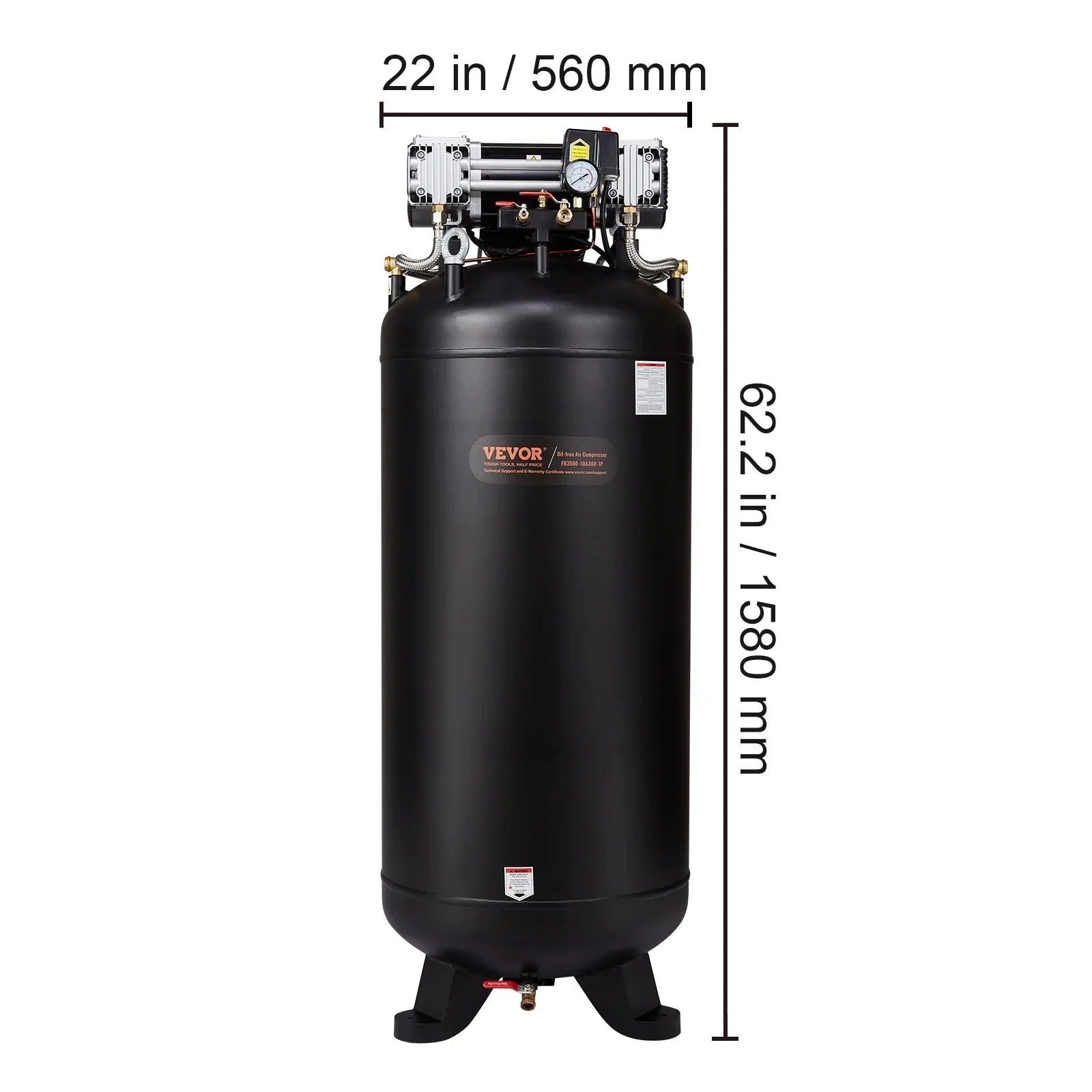 VEVOR 80 Gallon Oil-Free Air Compressor, 6.5 HP, 15.5 SCFM at 90 PSI, 145 PSI – FB3500-10A300-1P