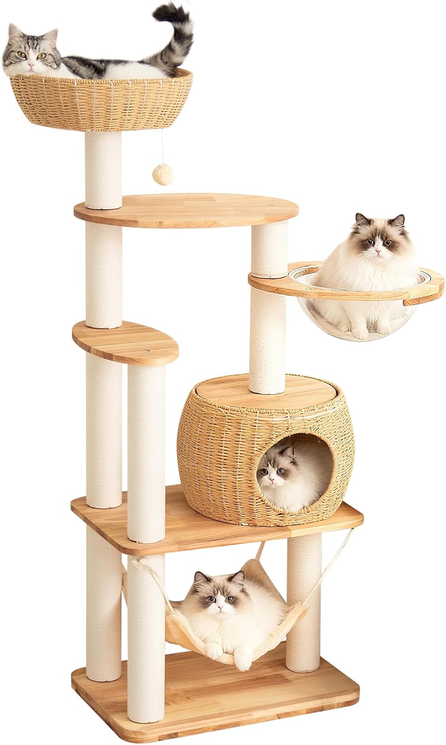 56.6″ Velvet Cat Tree Tower with Woven Condo, Clear Bowl & Hammock