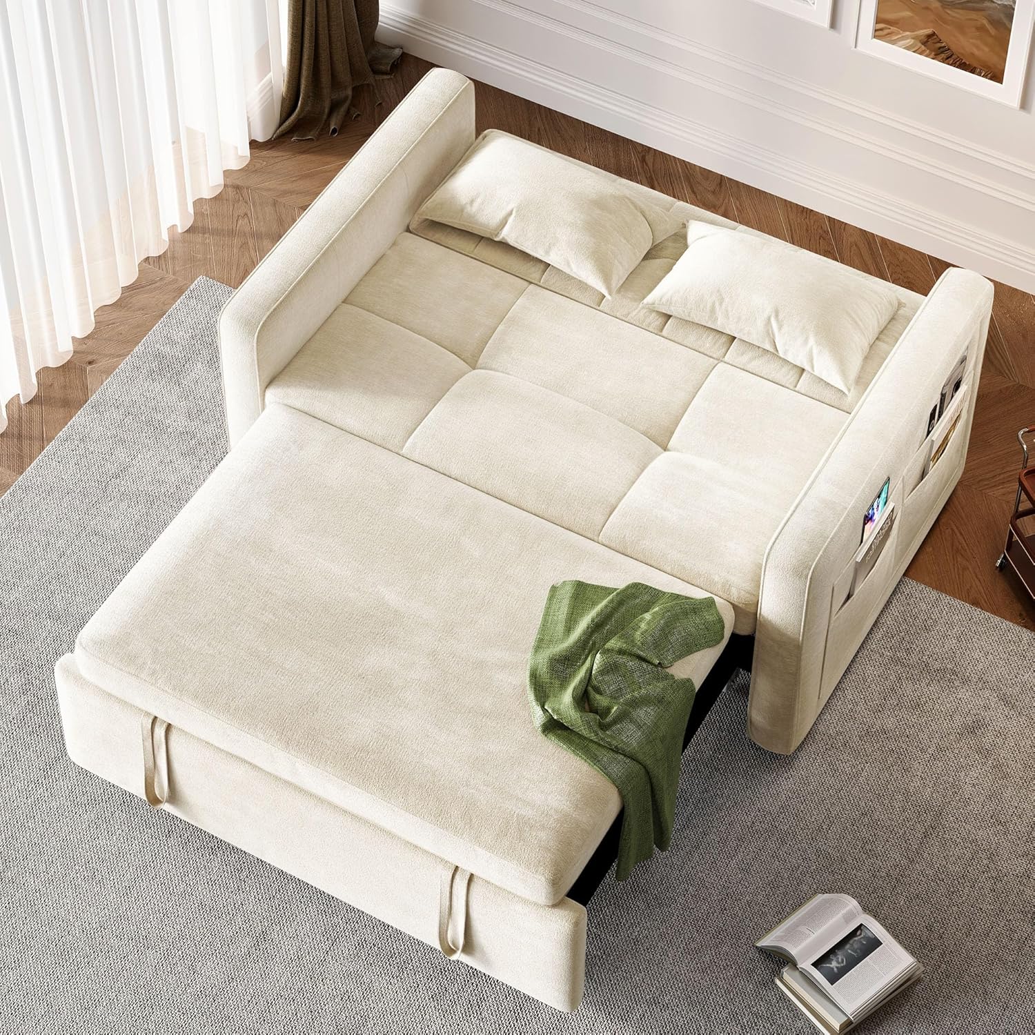 3-in-1 Convertible Sofa Bed, 55″ Sleeper Sofa with Pull-Out Bed, Cat-Scratch-Proof Fabric Futon Couch with Adjustable Backrest and Side Pocket, Loveseat for Living Room Apartment, Grey