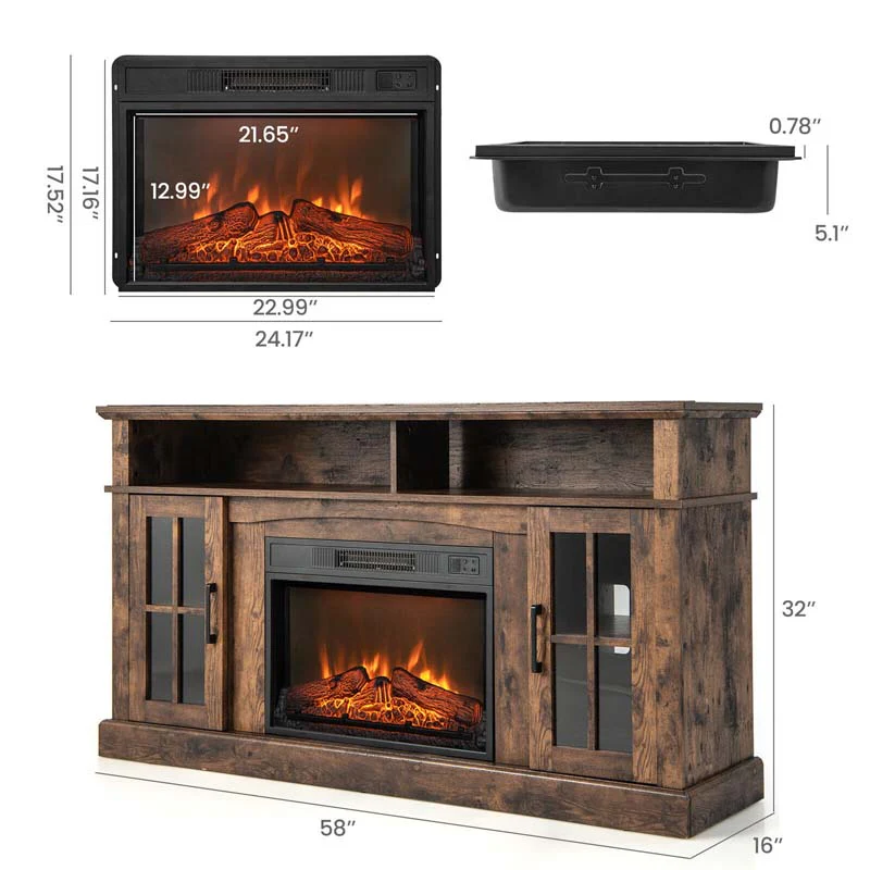 58″ TV Console with 23″ Fireplace Insert, Fireplace TV Stand for TVs up to 65 Inches, 1400W Electric Fireplace Heater