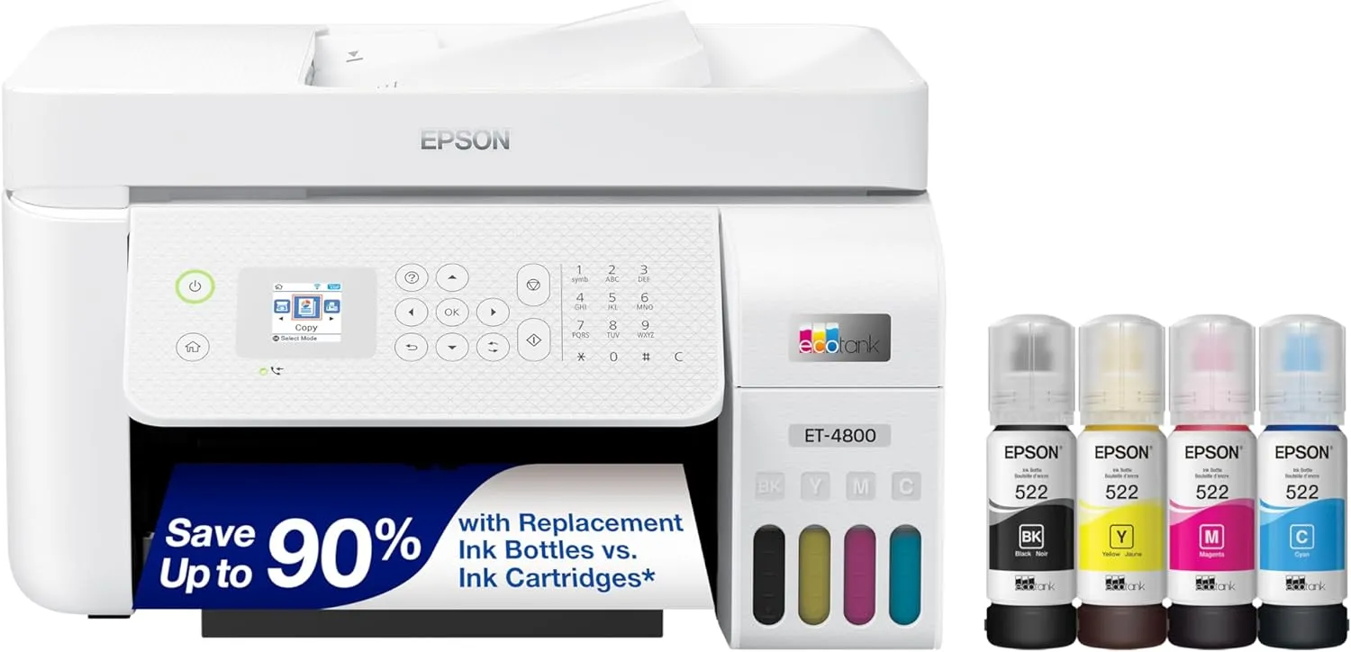 Wireless All-in-One Inkjet Printer, White Cartridge-Free, Scanner, Copier, Fax, ADF, Ethernet, Home Office
