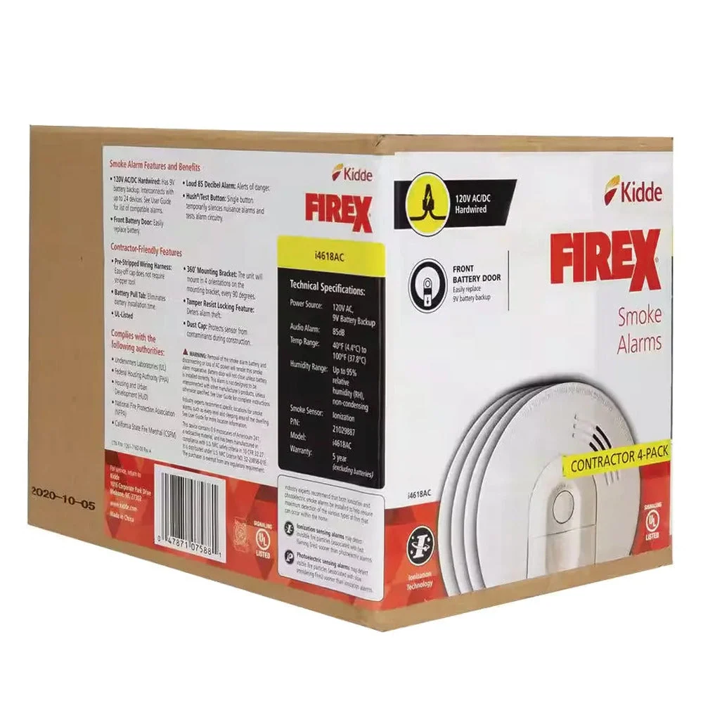 Kidde Firex Hardwired Ionization Smoke Detectors With Battery Backup, 4-Pack – i4618