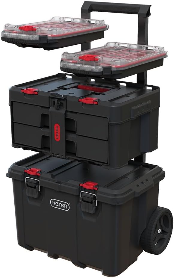 Keter Rolling Tool Box System, 3 Piece, Black/Red – 3 Piece Resin Modular Toolbox System