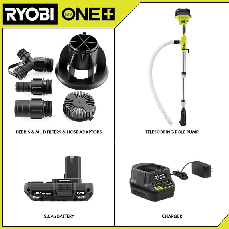 RYOBI ONE+ 18V Cordless 1/6 HP Telescoping Pole Pump With 2.0 Ah Battery And Charger – RY20UP022K