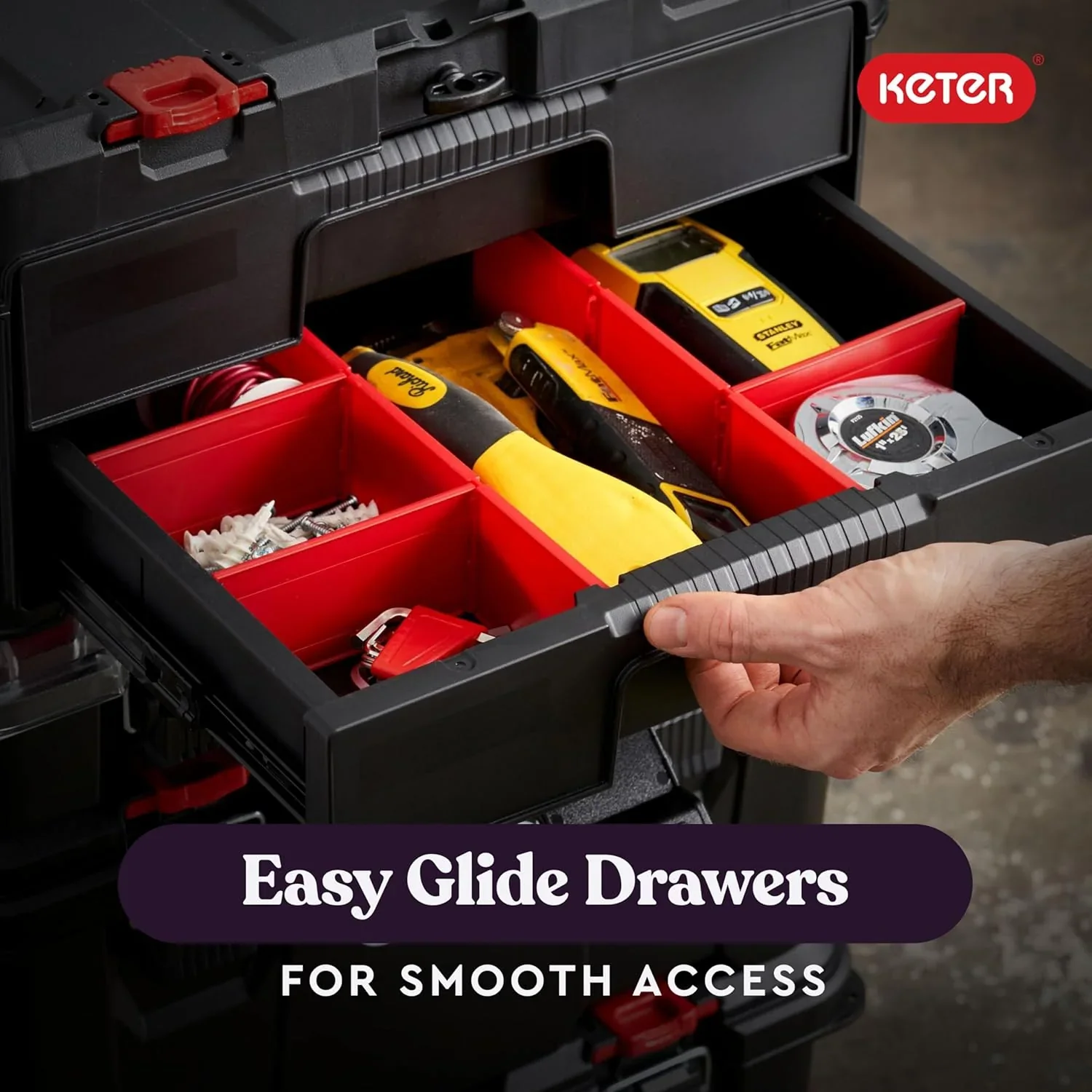 Keter Rolling Tool Box System, 3 Piece, Black/Red – 3 Piece Resin Modular Toolbox System