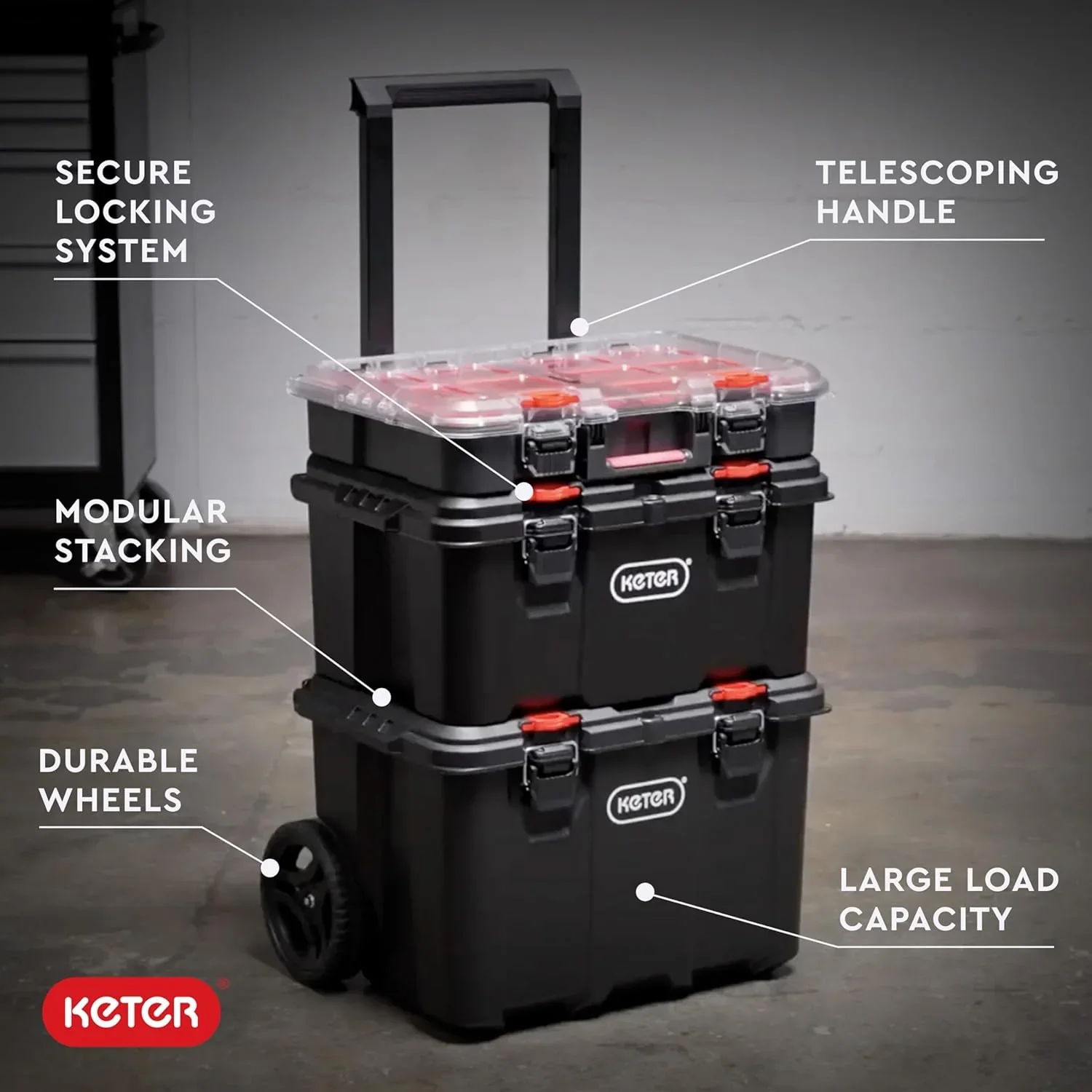 Keter Rolling Tool Box System, 3 Piece, Black/Red – 3 Piece Resin Modular Toolbox System