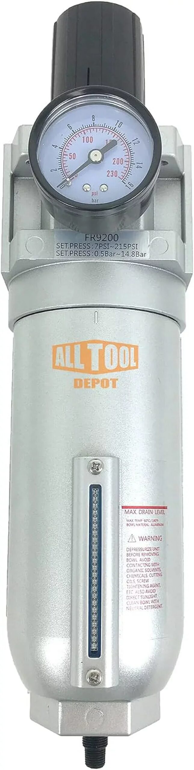 NPT Compressed Air In-Line Filter Regulator Combo, Metal Bowl, 5 Micron, 7 To 175 PSI – Auto Drain
