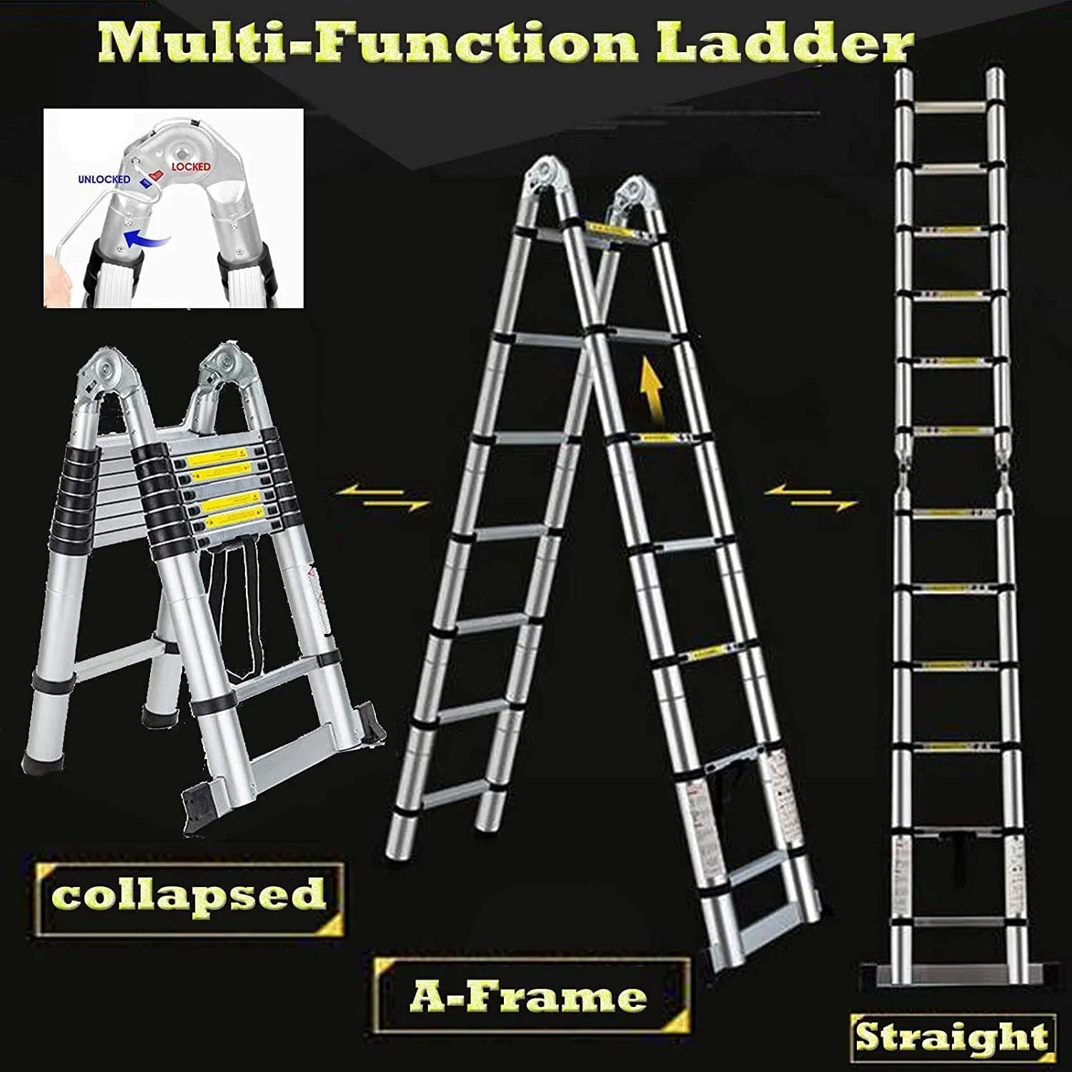 Bowoshen Telescopic Ladder 16.5 ft Aluminum 8 x 2 Steps 330 lb