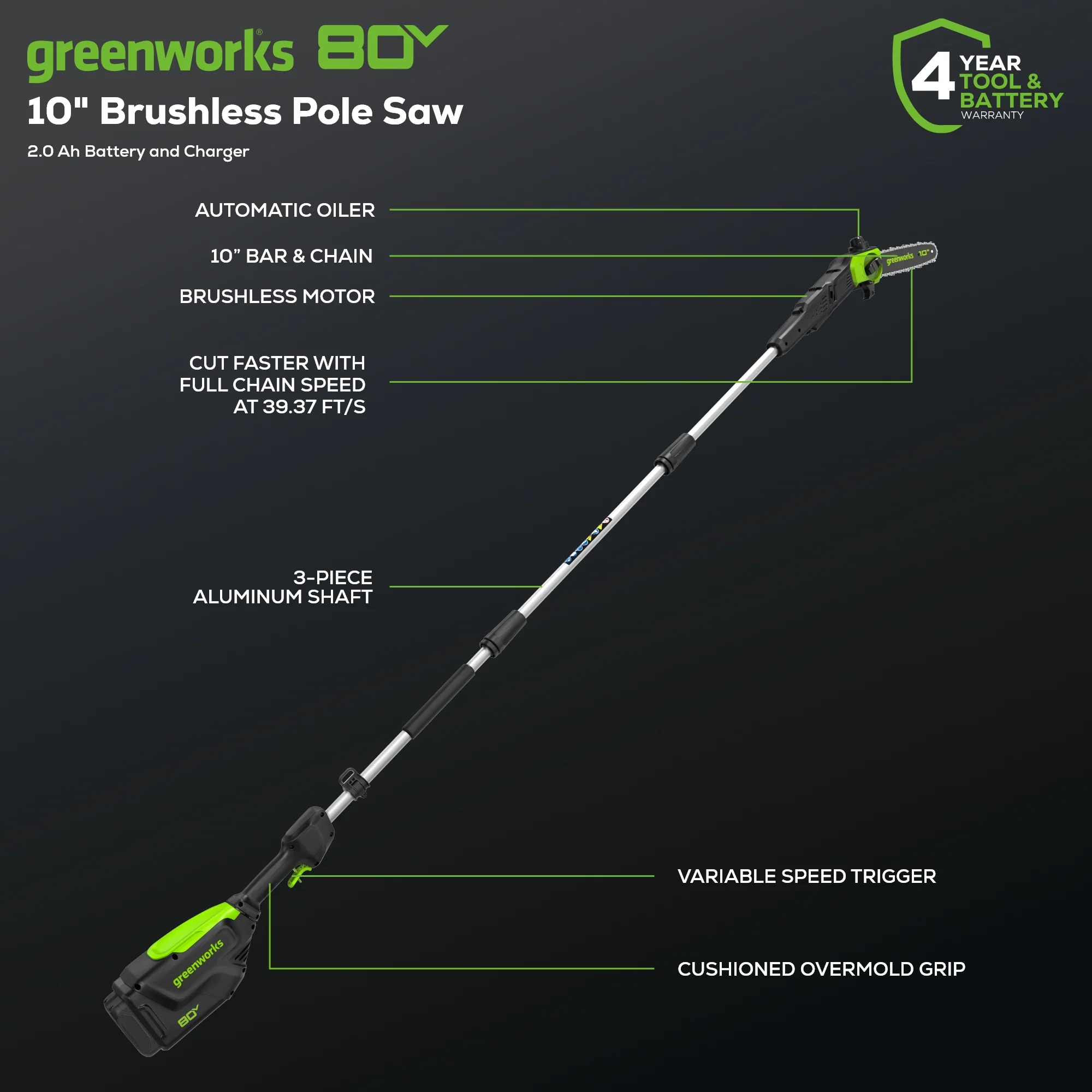 80V Cordless Pole Saw with 14-Foot Reach, 2.0Ah Battery and Charger