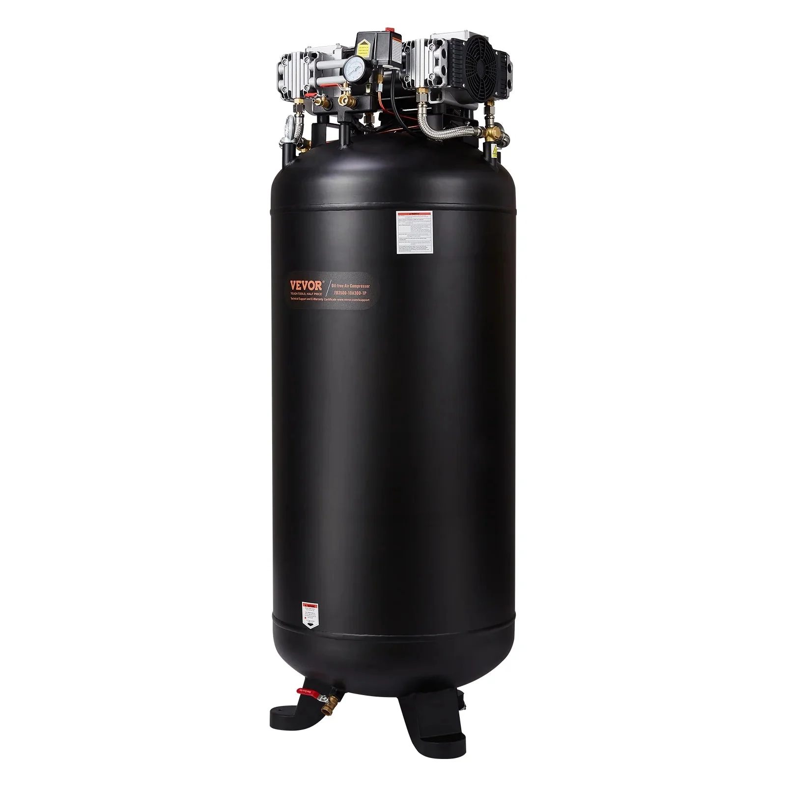 VEVOR 80 Gallon Oil-Free Air Compressor, 6.5 HP, 15.5 SCFM at 90 PSI, 145 PSI – FB3500-10A300-1P