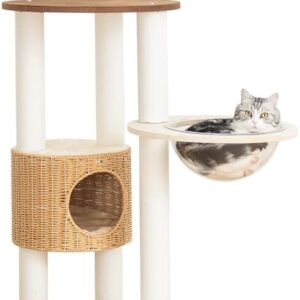 Modern Cat Tree for Large Cat, 56.7-Inch Tall Cat Tower with Scratching Post for Indoor Cats, Multi-Level Cat Condo with Hand-Woven Cat Bed and Hammock Acrylic Bowl (Particleboard 56.7in)