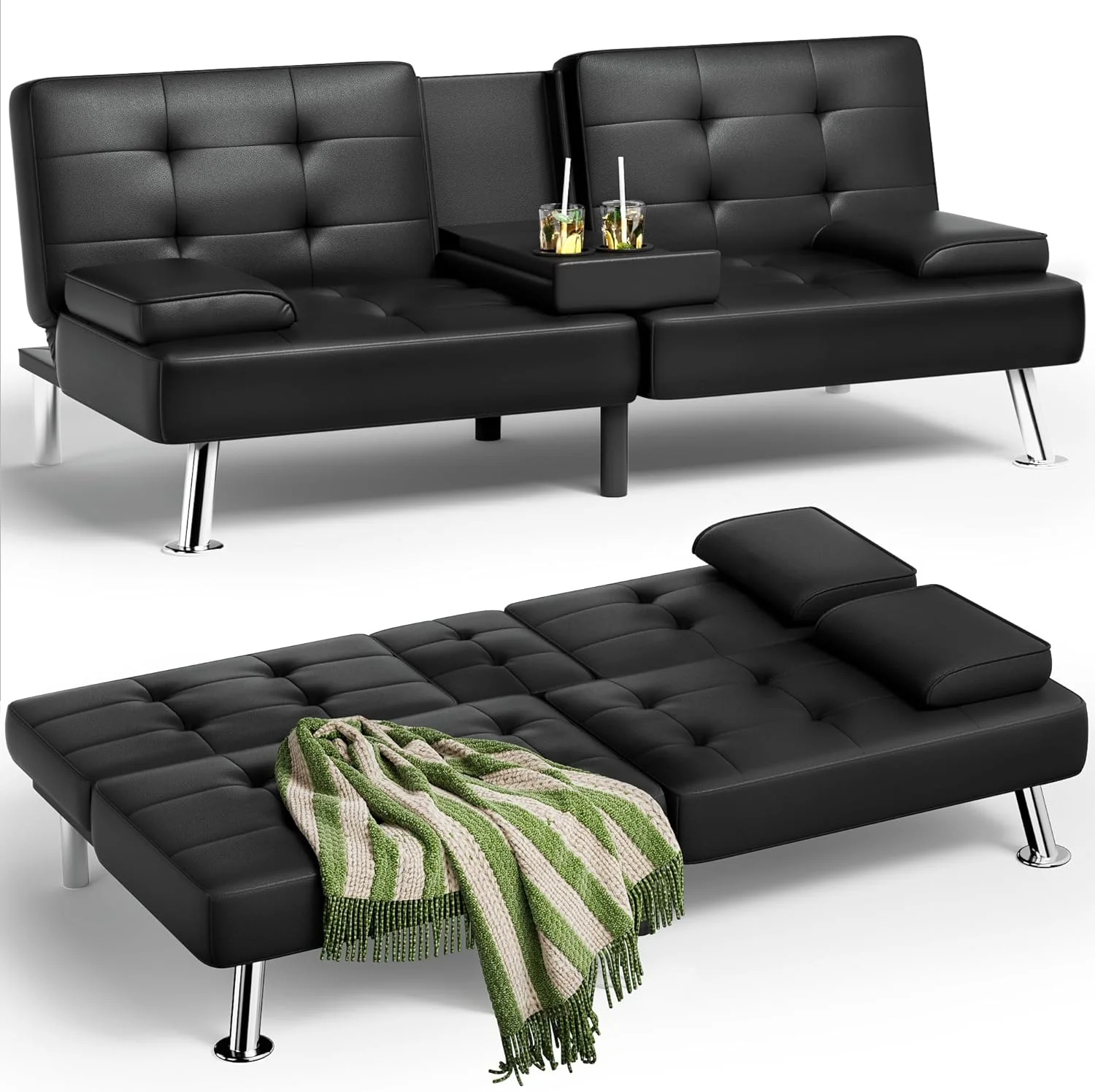 Futon Sofa Bed, Leather Futon Couch with Removable Armrests, Adjustable Recliner Sleeper Sofa Bed with Dual Cup Holders for Living Room, Apartment, Office (Black)