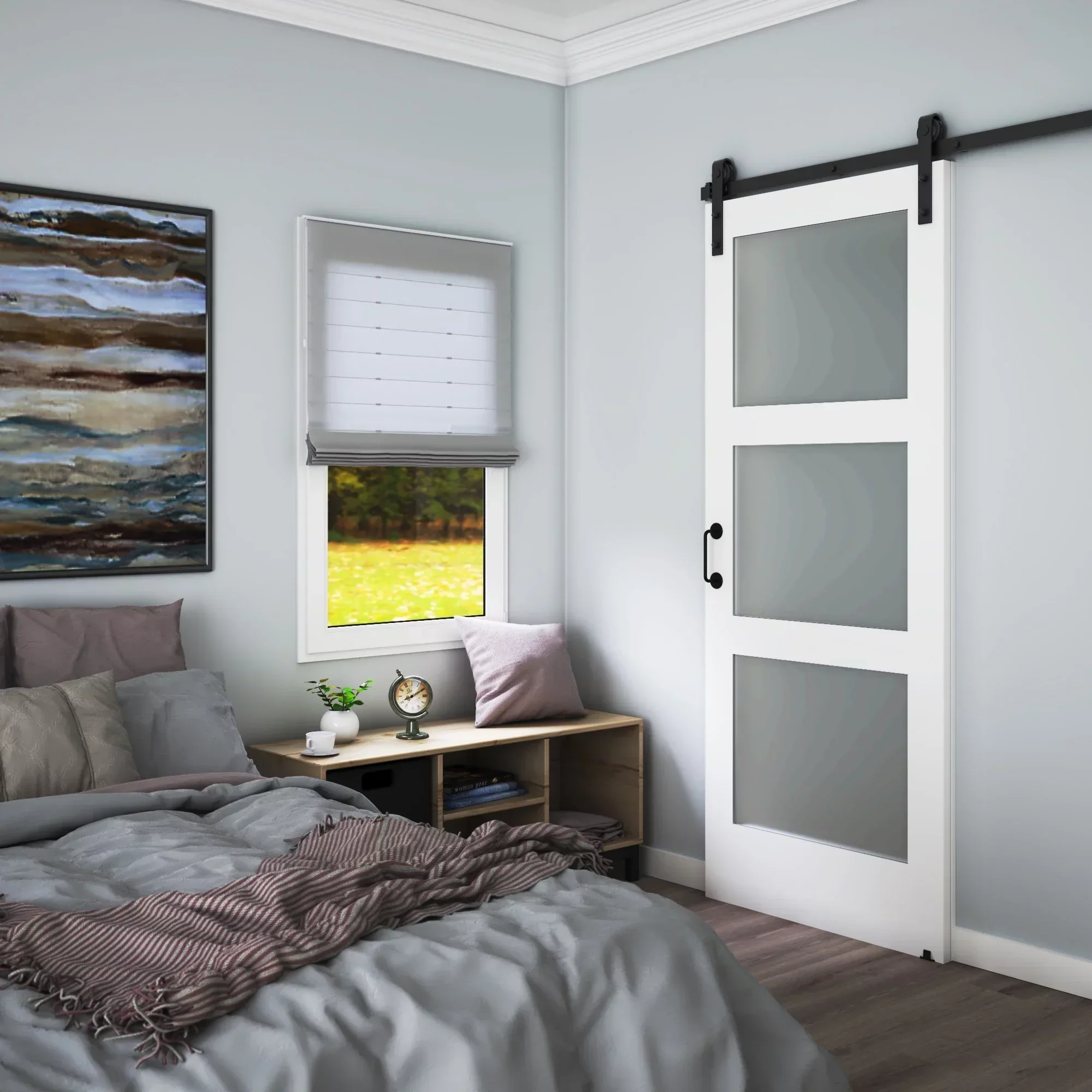EightDoors 84 x 32 x 1-3/8 3-Lite Frosted Glass White Prefinished Solid Wood Core Interior Barn Door