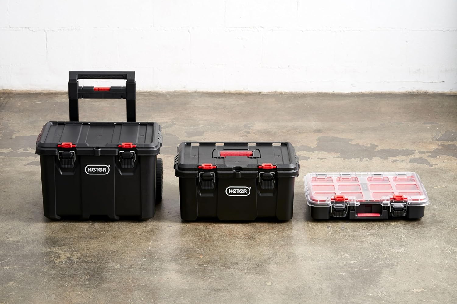 Keter Rolling Tool Box System, 3 Piece, Black/Red – 3 Piece Resin Modular Toolbox System