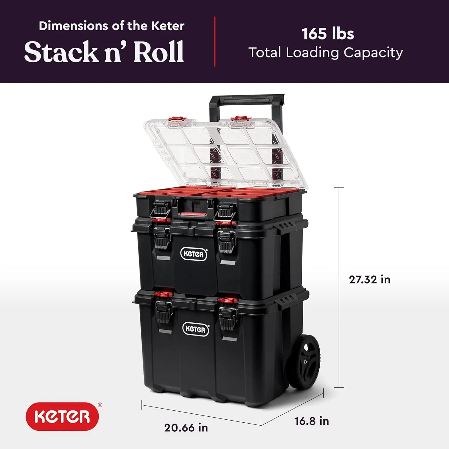 Keter Rolling Tool Box System, 3 Piece, Black/Red – 3 Piece Resin Modular Toolbox System