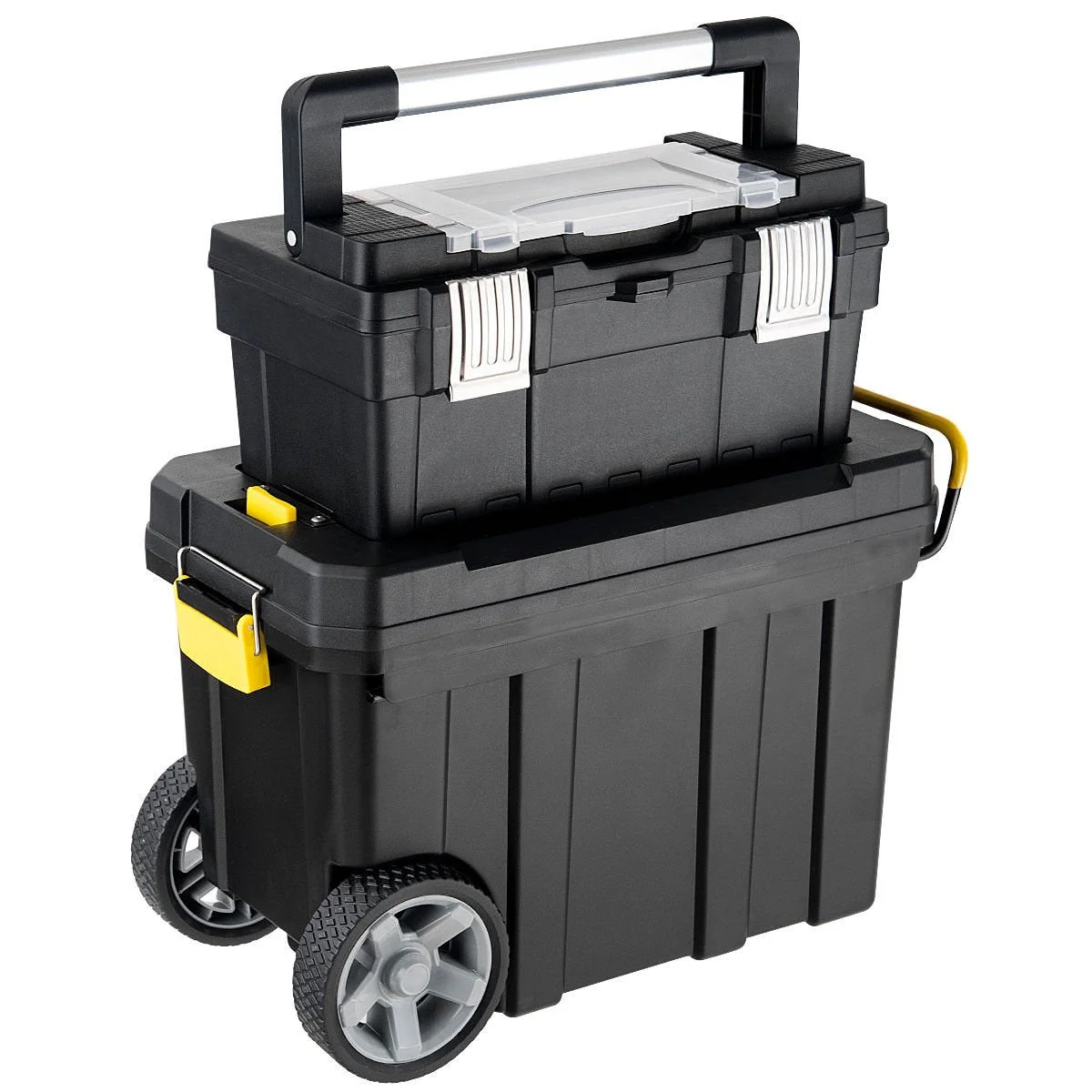 2-in-1 Rolling Plastic Toolbox Set With 6-Inch Wheels, Black
