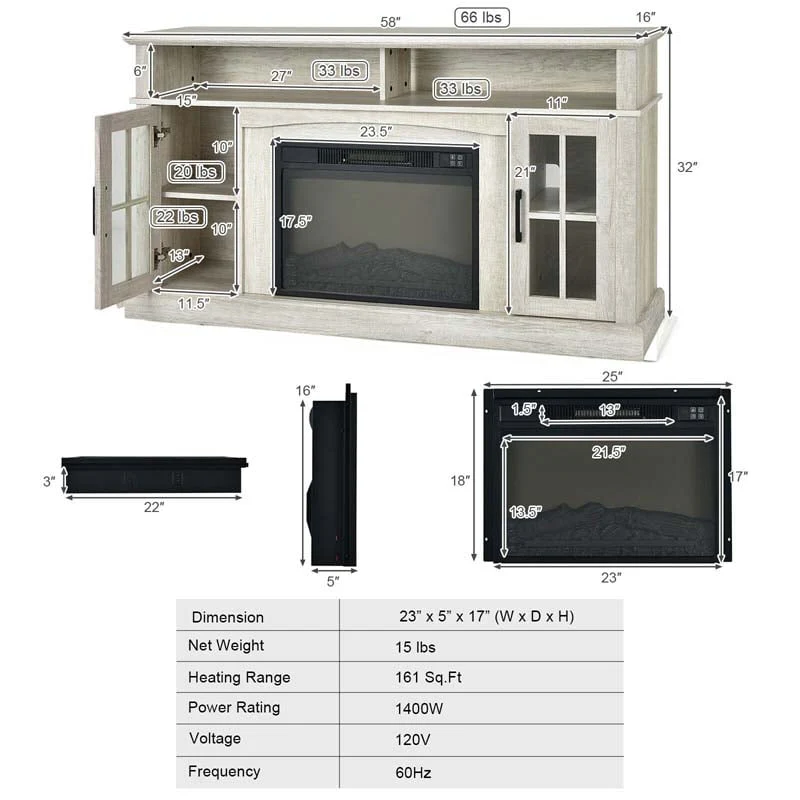 58″ TV Console with 23″ Fireplace Insert, Fireplace TV Stand for TVs up to 65 Inches, 1400W Electric Fireplace Heater