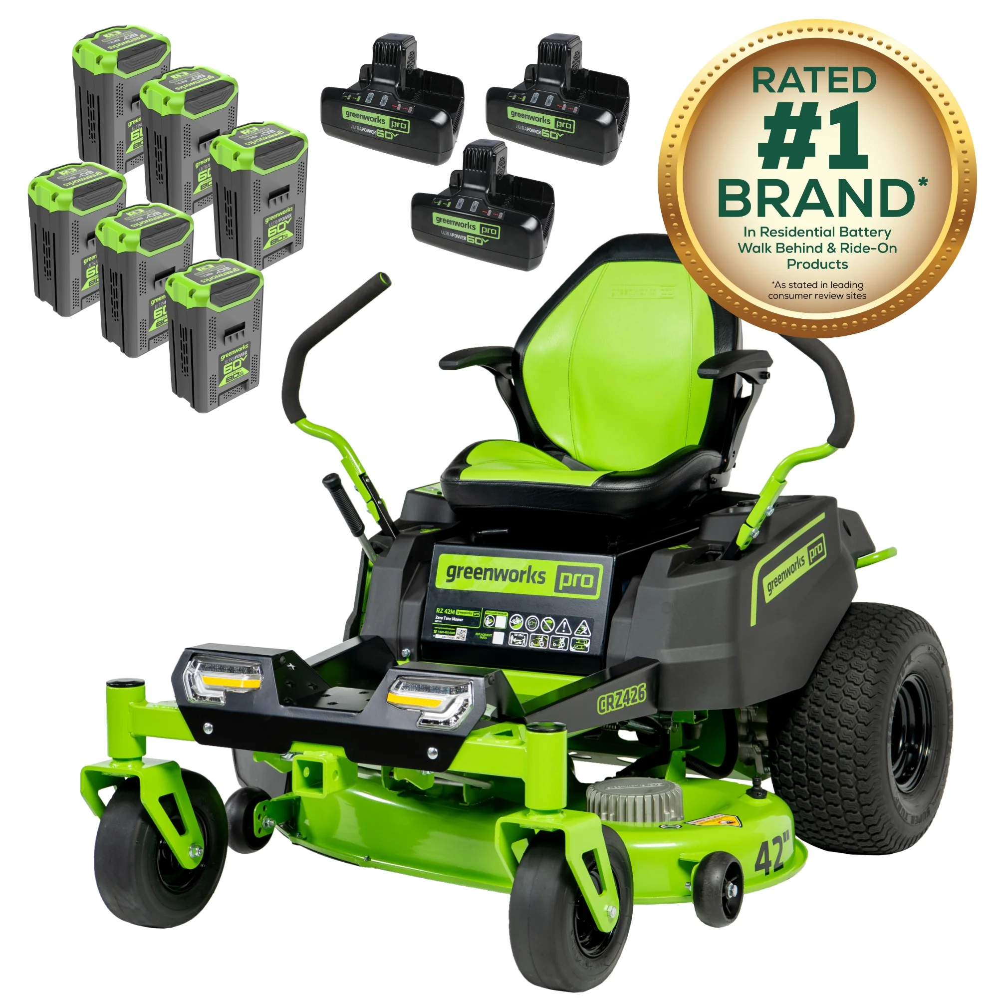 60V Cordless Zero Turn Riding Lawn Mower with Six Batteries and Turbo Chargers