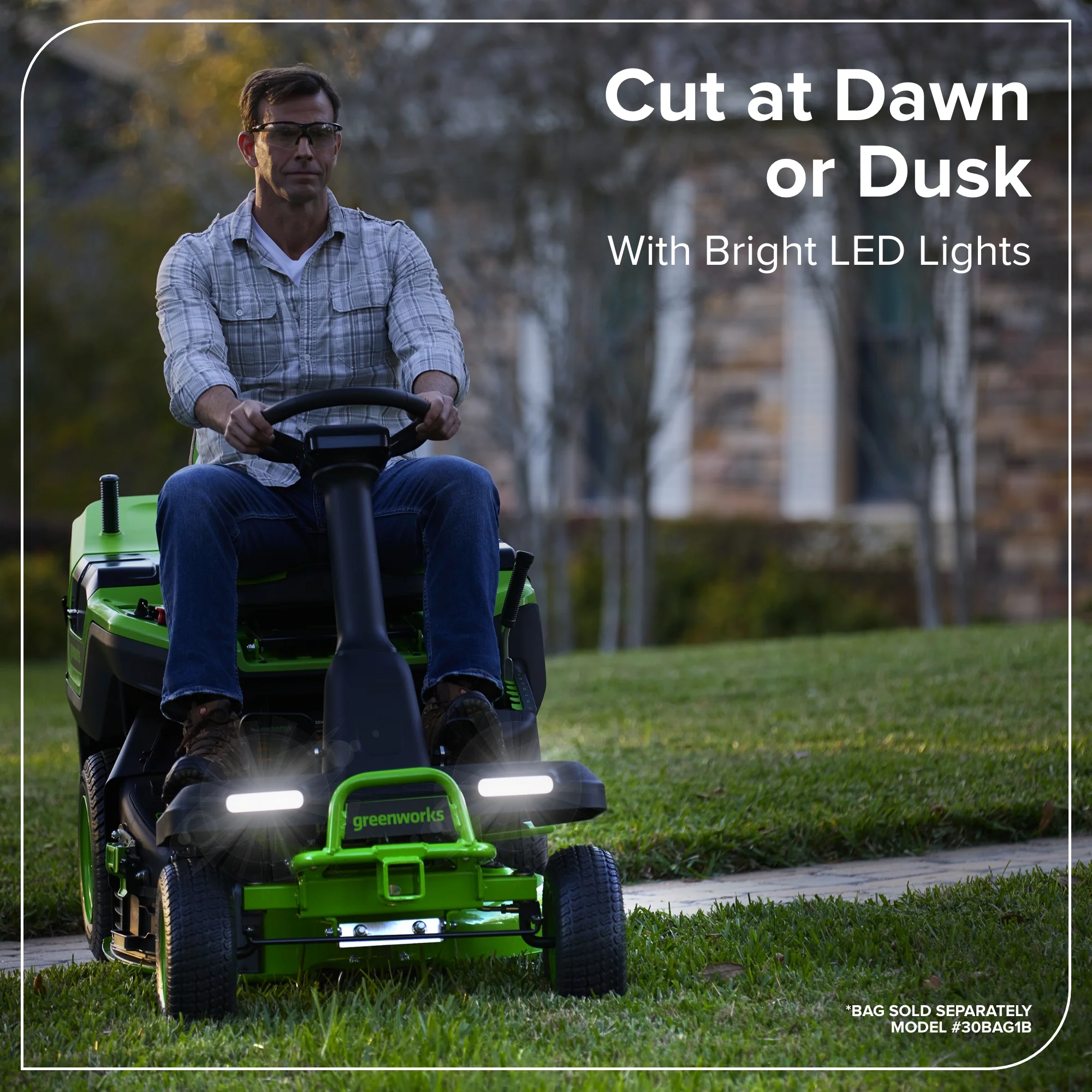 80V Compact Cordless Riding Lawn Mower with Four Batteries and Turbo Wall Charger