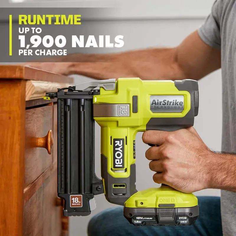 RYOBI ONE+ 18V 18-Gauge Cordless AirStrike Brad Nailer With 1.5 Ah Battery And Charger – P321KN