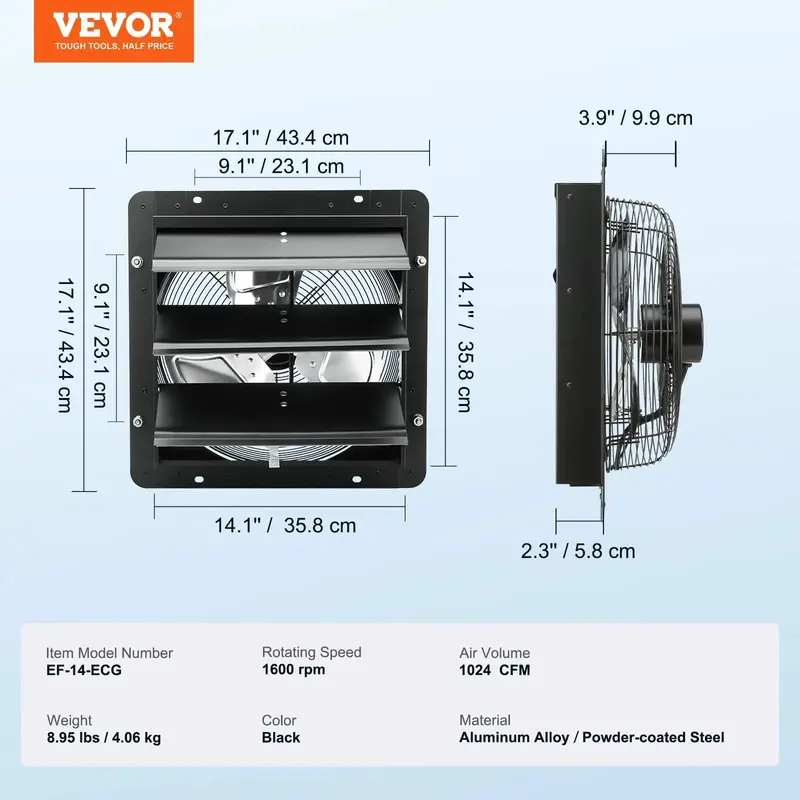 VEVOR 14 inch Exhaust Fan, 1513 CFM, 120V/60Hz, 30W – Smart Controller