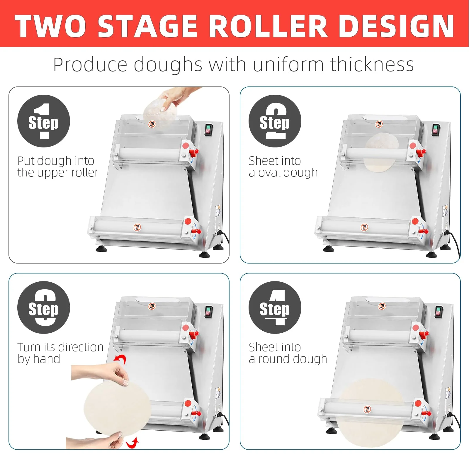 Commercial Pizza Dough Roller Sheeter, Max 16″, Automatic 370W Electric Pizza Dough Roller, Stainless Steel, Suitable for Noodle, Pizza Bread and Pasta Maker Equipment