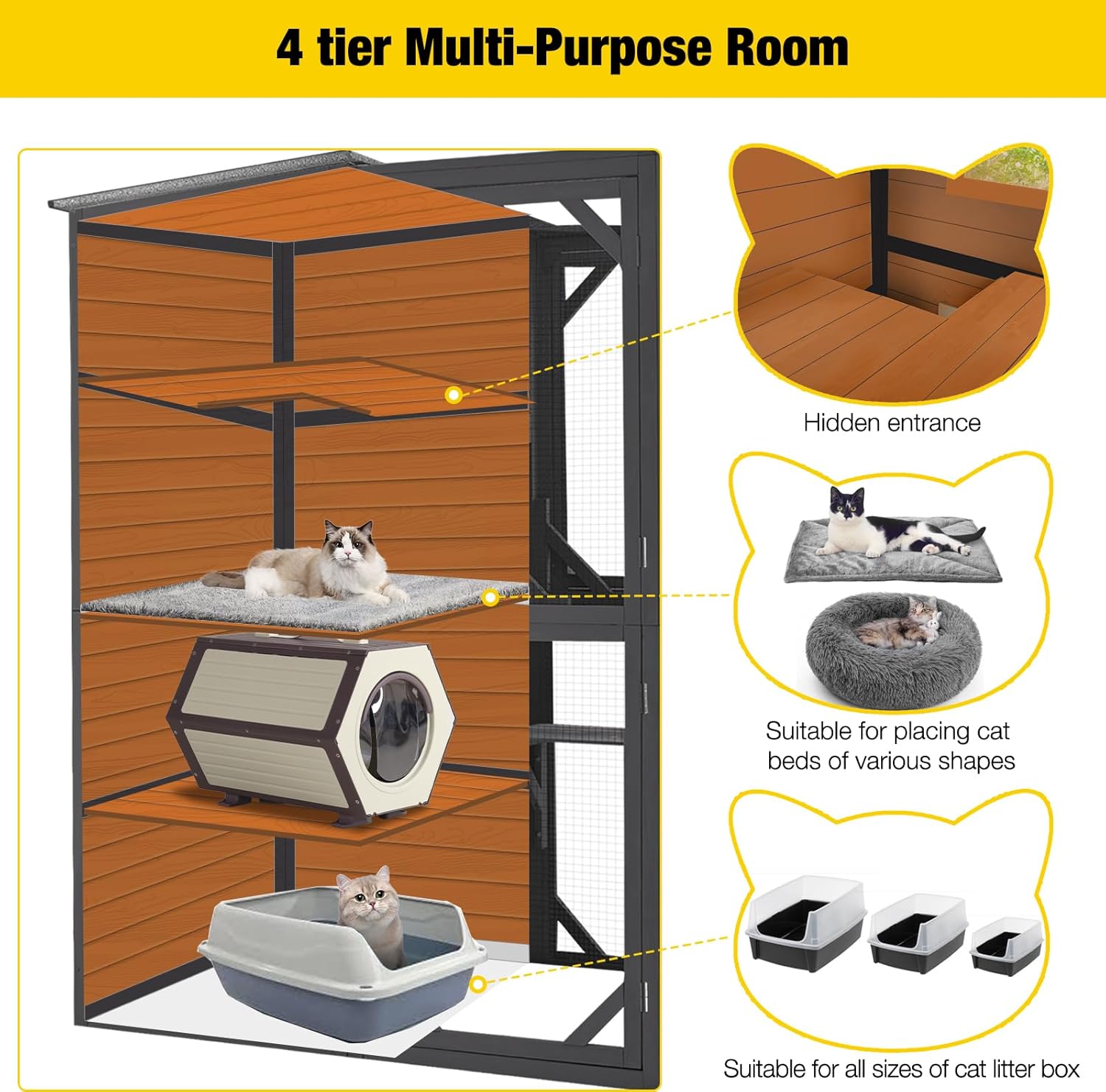 Large Cat Catio, 4 Tiers, Weatherproof Roof, 70″H x 77″L