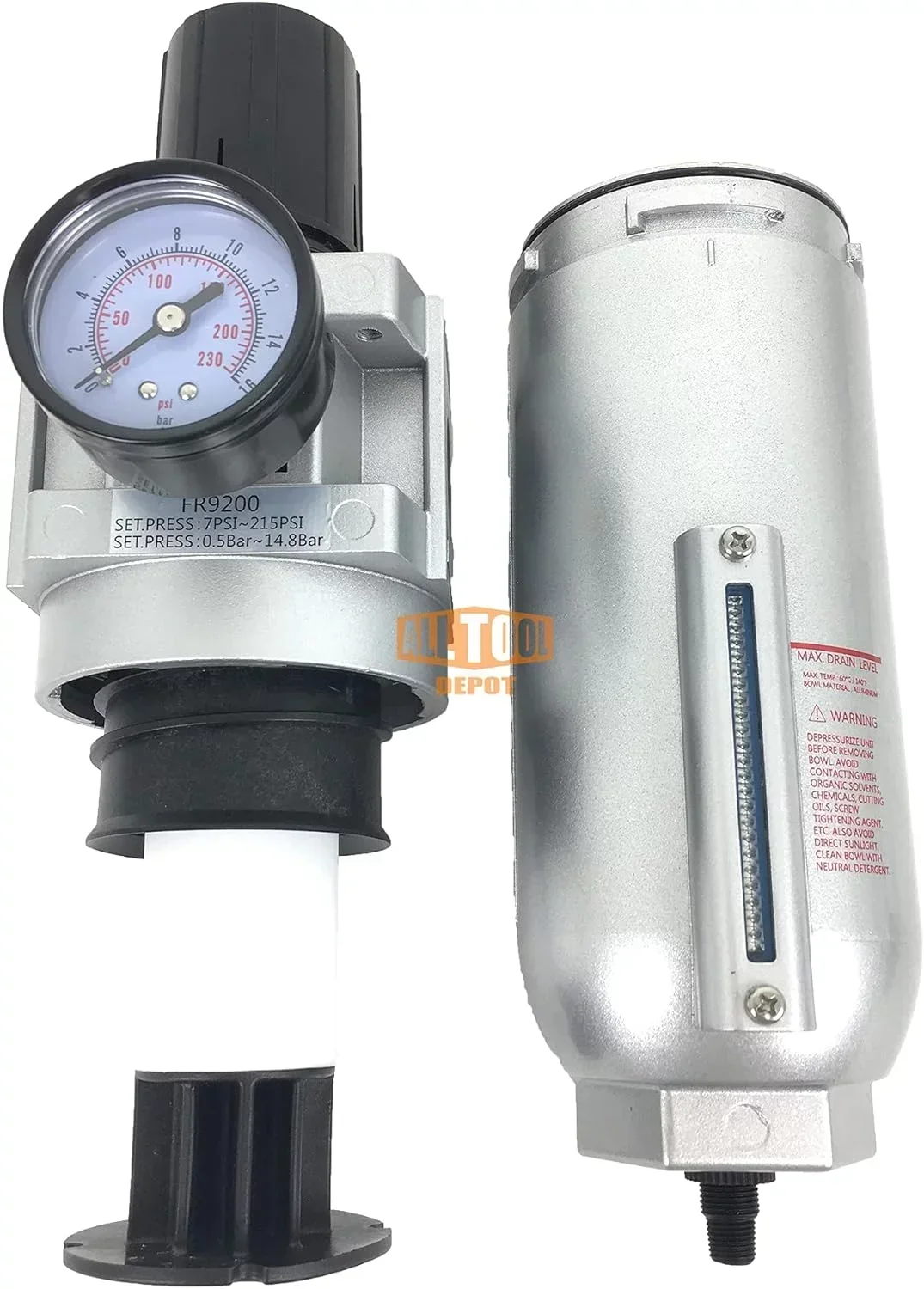 NPT Compressed Air In-Line Filter Regulator Combo, Metal Bowl, 5 Micron, 7 To 175 PSI – Auto Drain