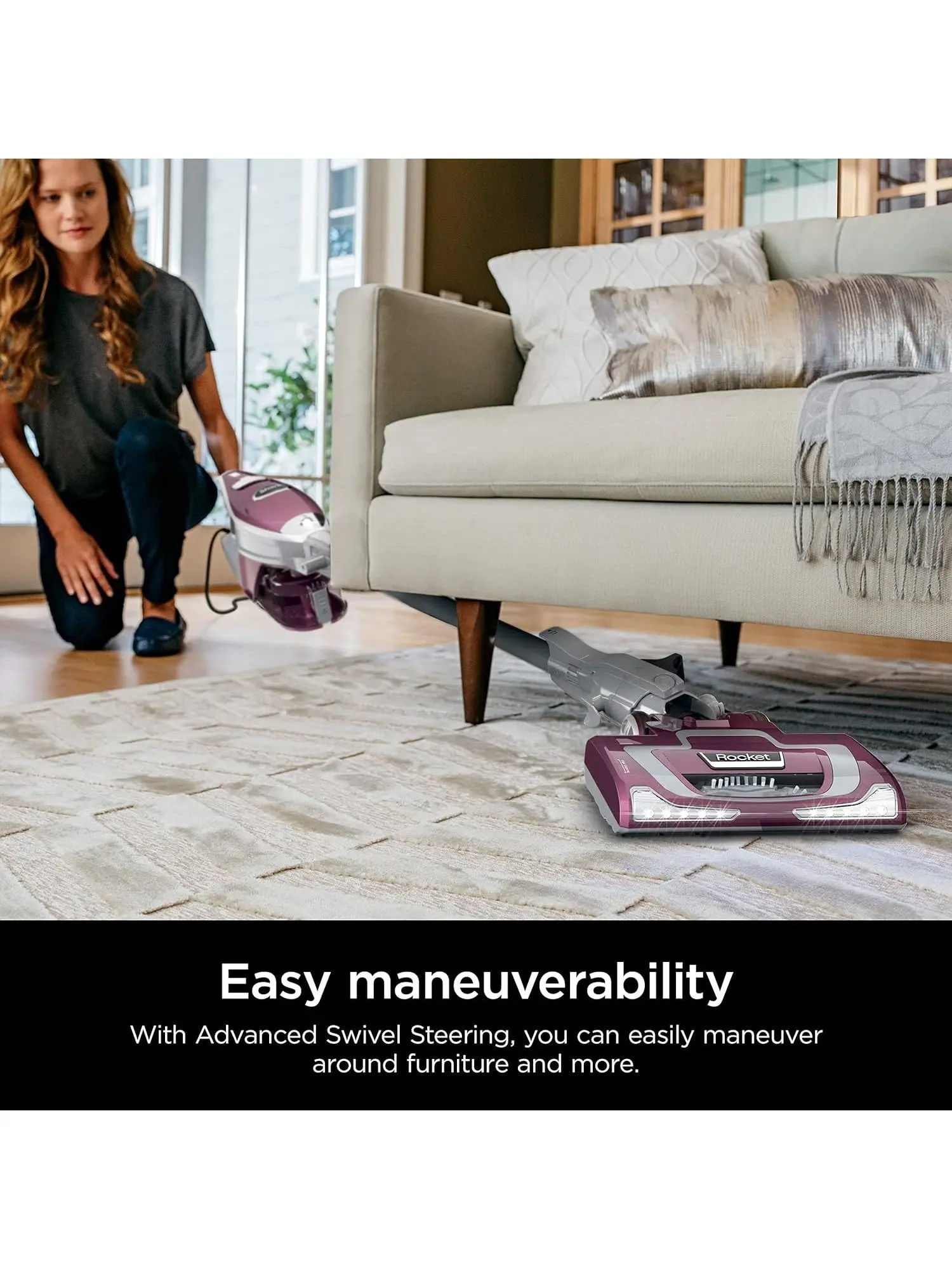 Rocket Deluxe Pro Corded Stick Vacuum, Lightweight, XL Dust Cup, LED Headlights, Pet Hair Tools, Bordeaux/Silver