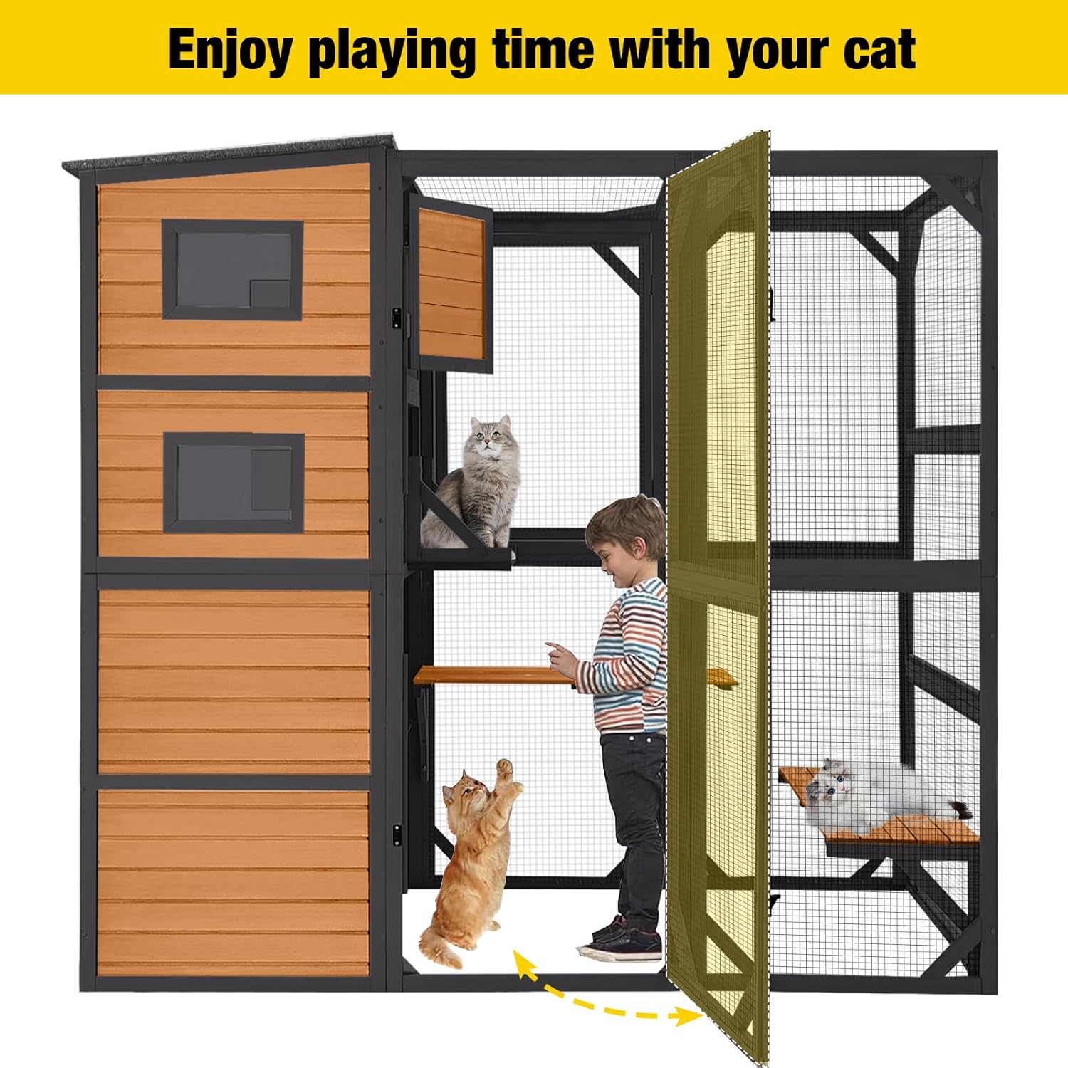 Large Cat Catio, 4 Tiers, Weatherproof Roof, 70″H x 77″L