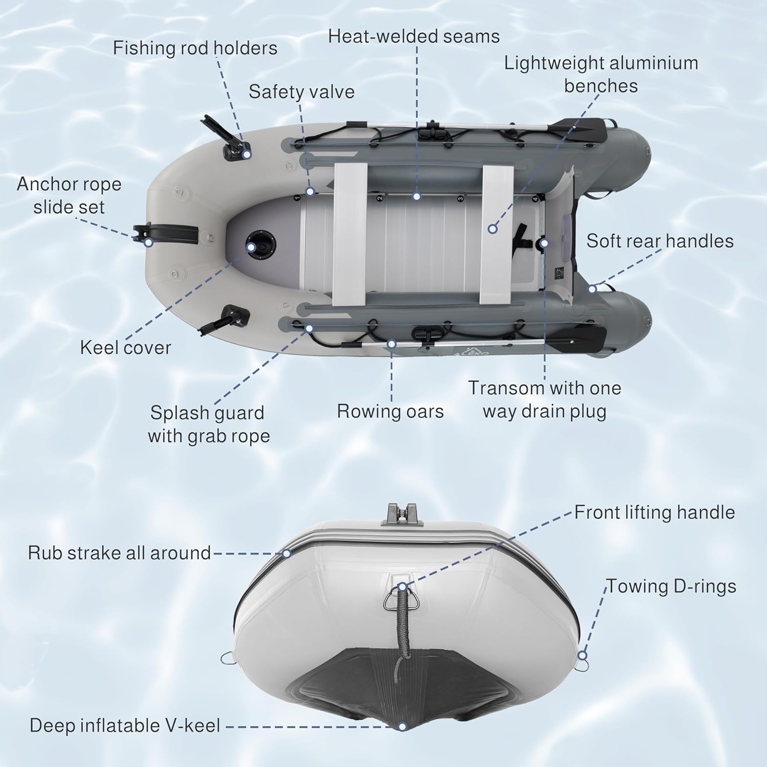 Inflatable Boat| Yacht Dinghy Tender Raft| Multi Person Fishing Boat| Aluminum Floor Oars| Fishing Rod Holders| Heavy-Duty PVC| 2024 Model