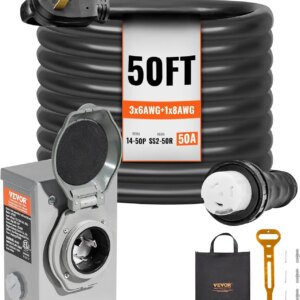 VEVOR 50 Amp Generator Cord And Power Inlet Box Kit, 50-Foot, NEMA 14-50P/SS2-50R, 6/3+8/1 AWG