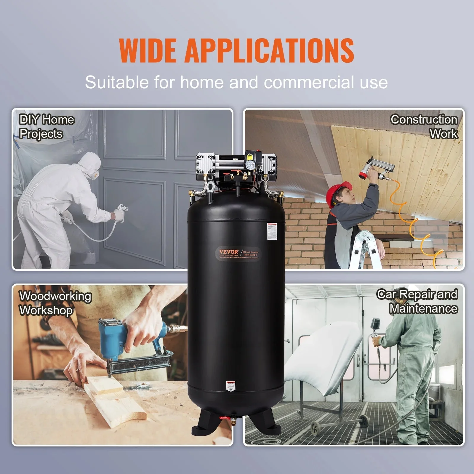VEVOR 80 Gallon Oil-Free Air Compressor, 6.5 HP, 15.5 SCFM at 90 PSI, 145 PSI – FB3500-10A300-1P