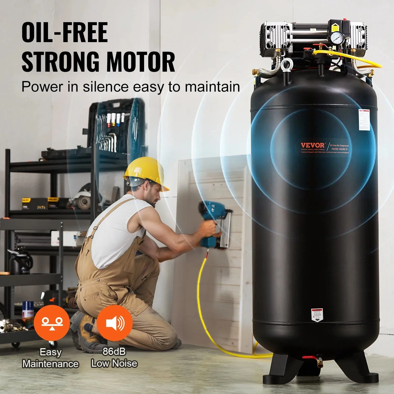 VEVOR 80 Gallon Oil-Free Air Compressor, 6.5 HP, 15.5 SCFM at 90 PSI, 145 PSI – FB3500-10A300-1P