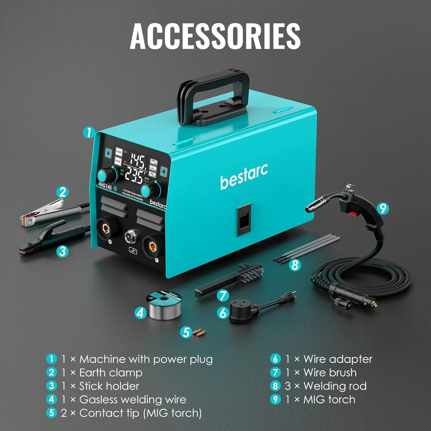 bestarc 145A 3-in-1 MIG Welder, 110V/220V – MIG145-9GEN-110/220V, MIG145-1122