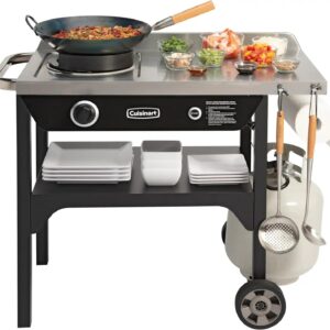 Outdoor Wok Station, 50,000 BTU Propane Outdoor Wok Burner w Prep Table, 14 Carbon Steel Wok for Stir Fry, Searing, BBQ Black