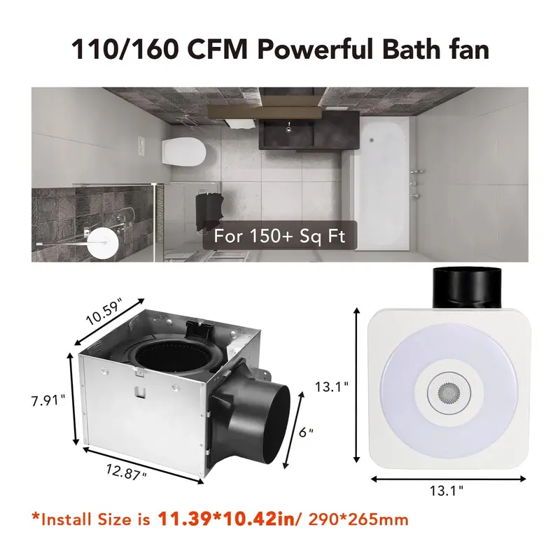 OREiN Bluetooth Bathroom Exhaust Fan With 3CCT LED Light And Speaker, 110/160 CFM