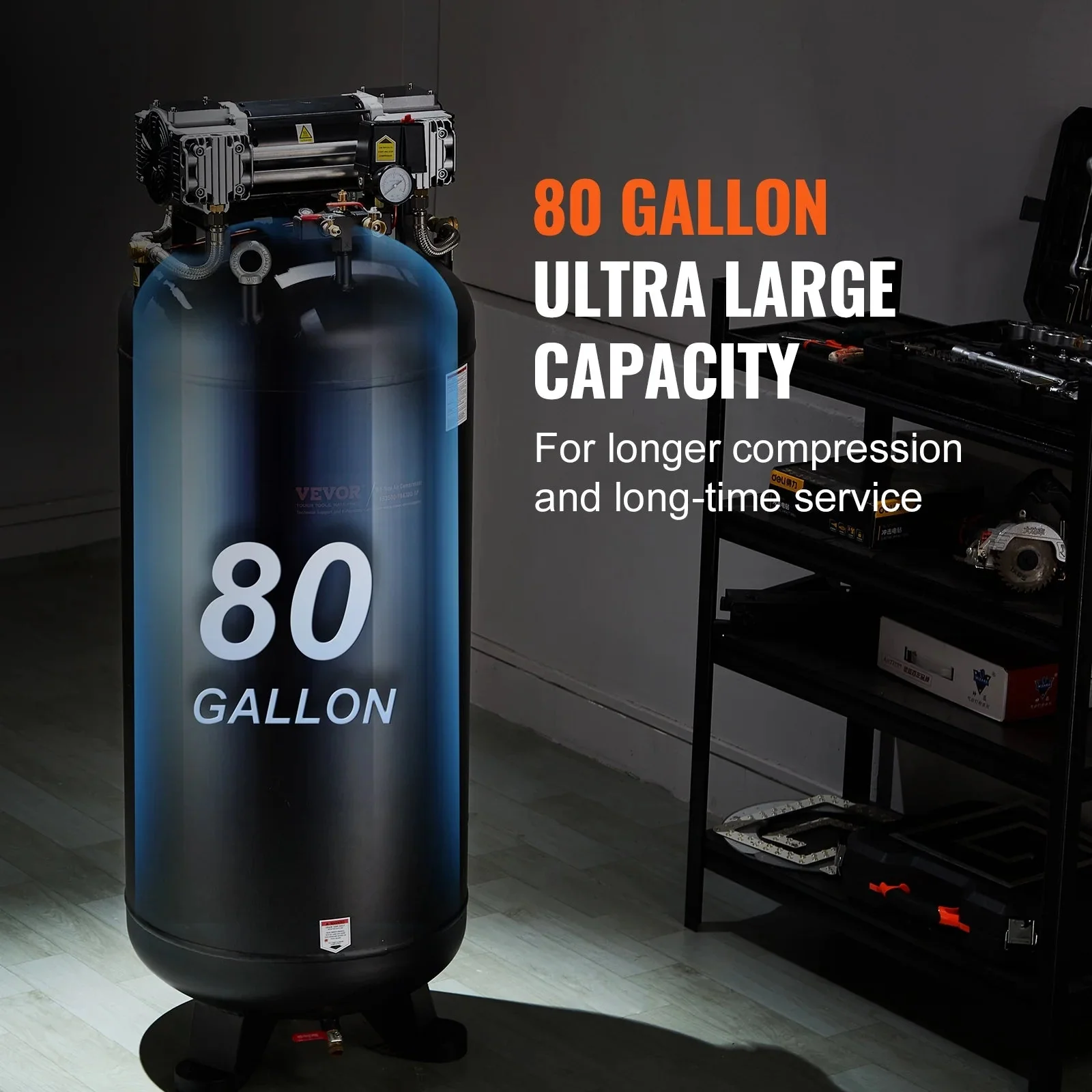 VEVOR 80 Gallon Oil-Free Air Compressor, 6.5 HP, 15.5 SCFM at 90 PSI, 145 PSI – FB3500-10A300-1P
