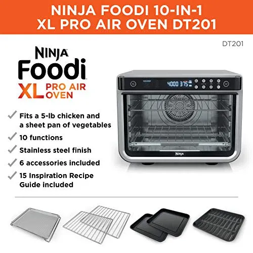 DT201 10-in-1 XL Pro Fry Digital Countertop Convection Toaster Oven with Dehydrate and Reheat, 1800 Watts, Stainless Steel Finish, Silver