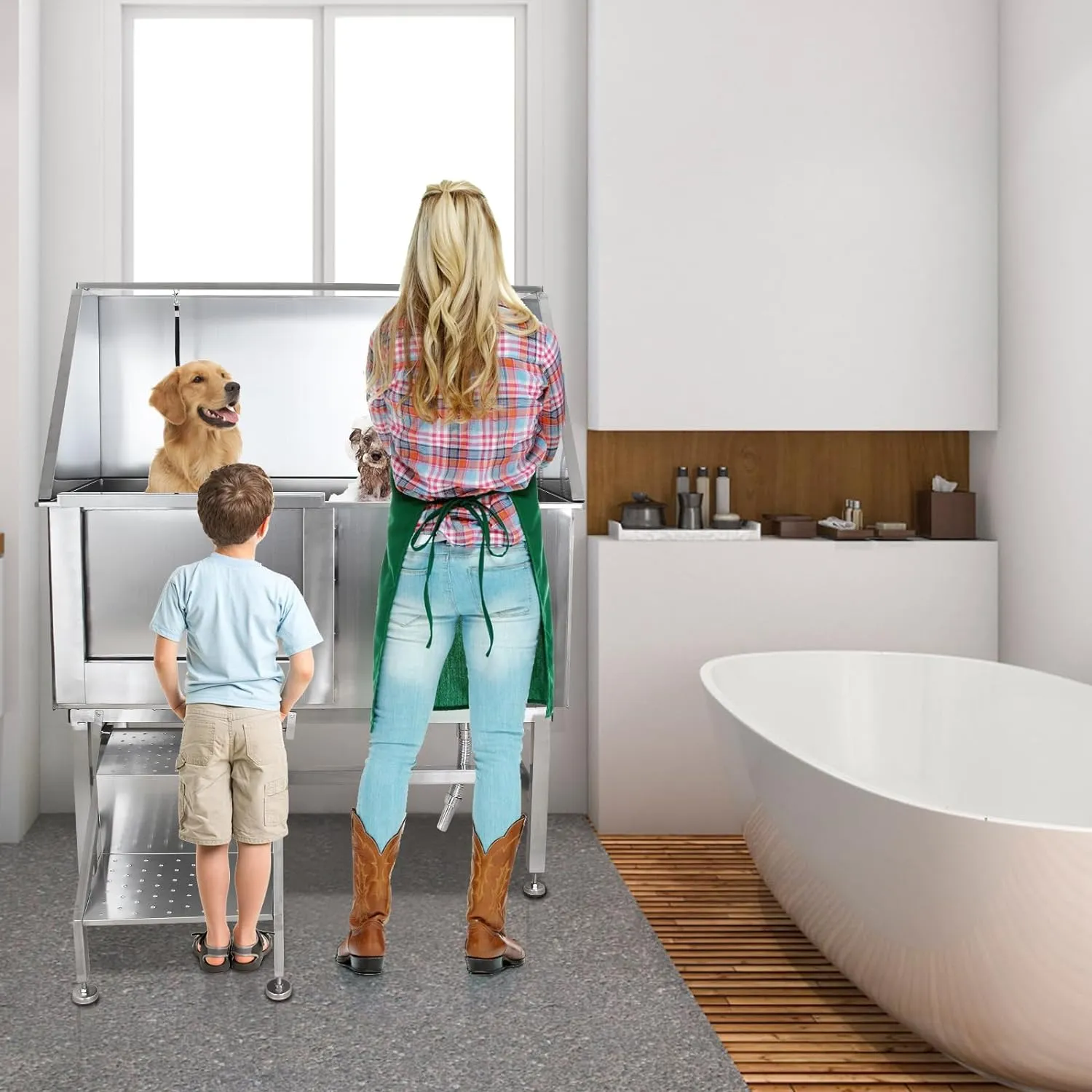 50″ Dog Wash Bathtub, Pet Wash Station, Professional Stainless Steel Dog Grooming Tub with Ramp, Faucet, Sprayer, Drain Kit, Right Door