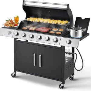 Upgraded 4 Burner BBQ Propane Gas Grill with Cast Iron Grates & Side Stove, 44,000 BTU Stainless Steel Burner Barbecue Grill for Patio, Camping, Outdoor Cooking MELLCOM