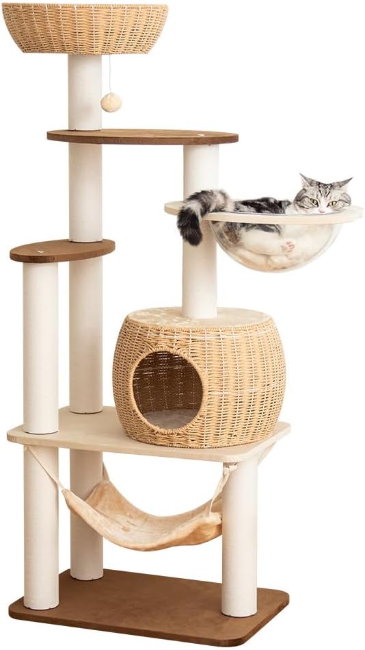 56.6″ Velvet Cat Tree Tower with Woven Condo, Clear Bowl & Hammock