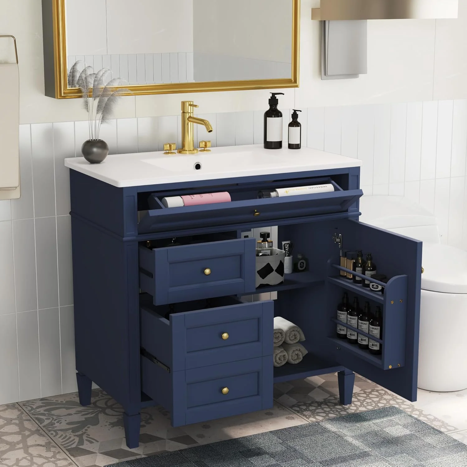 36″ Bathroom Vanity with Single Sink Combo, Modern Undermount Bathroom Sink Cabinet with 2 Drawers and a Tip-Out Drawer, Freestanding Bathroom Vanities, Soft Closing, Solid Wood Frame
