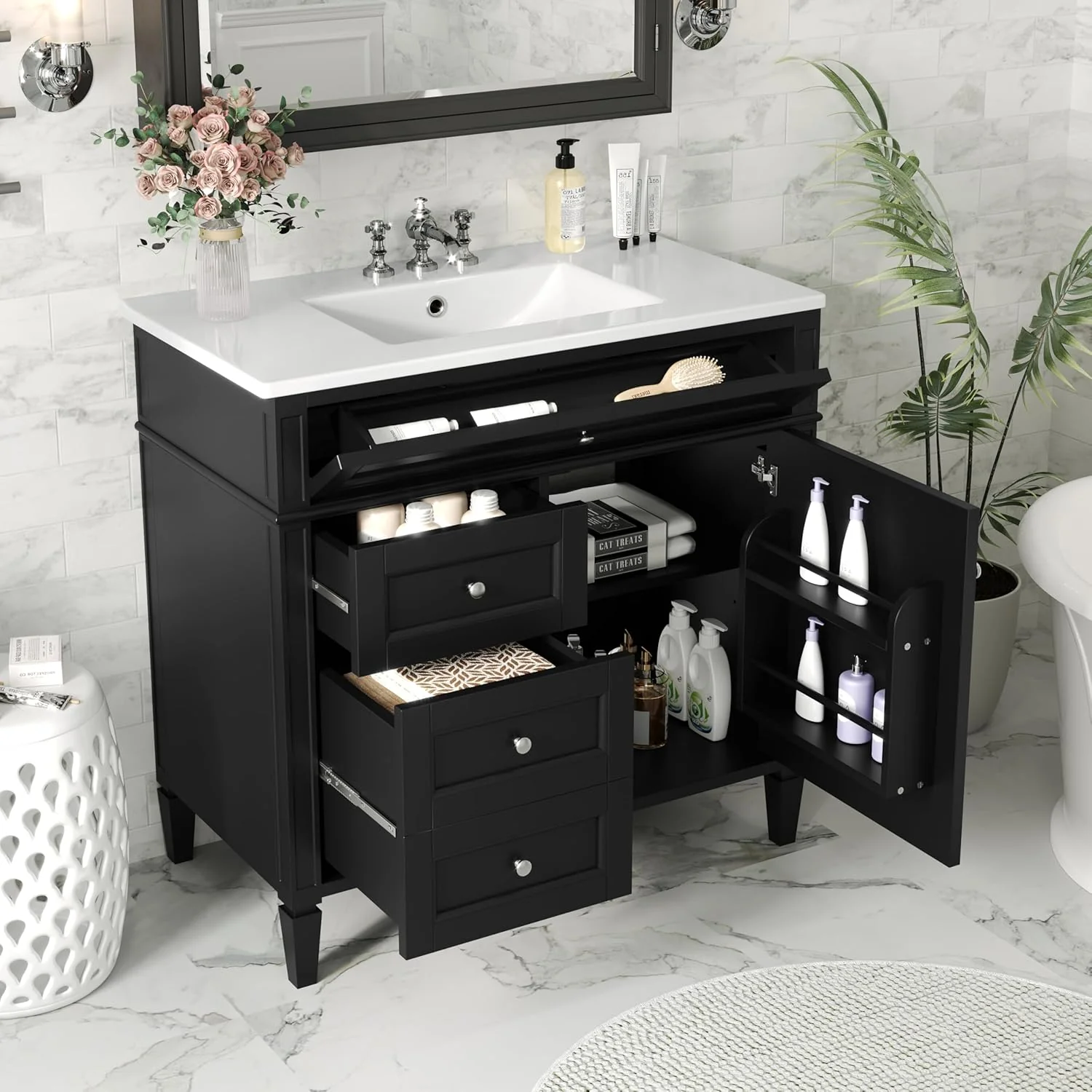 36″ Bathroom Vanity with Single Sink Combo, Modern Undermount Bathroom Sink Cabinet with 2 Drawers and a Tip-Out Drawer, Freestanding Bathroom Vanities, Soft Closing, Solid Wood Frame