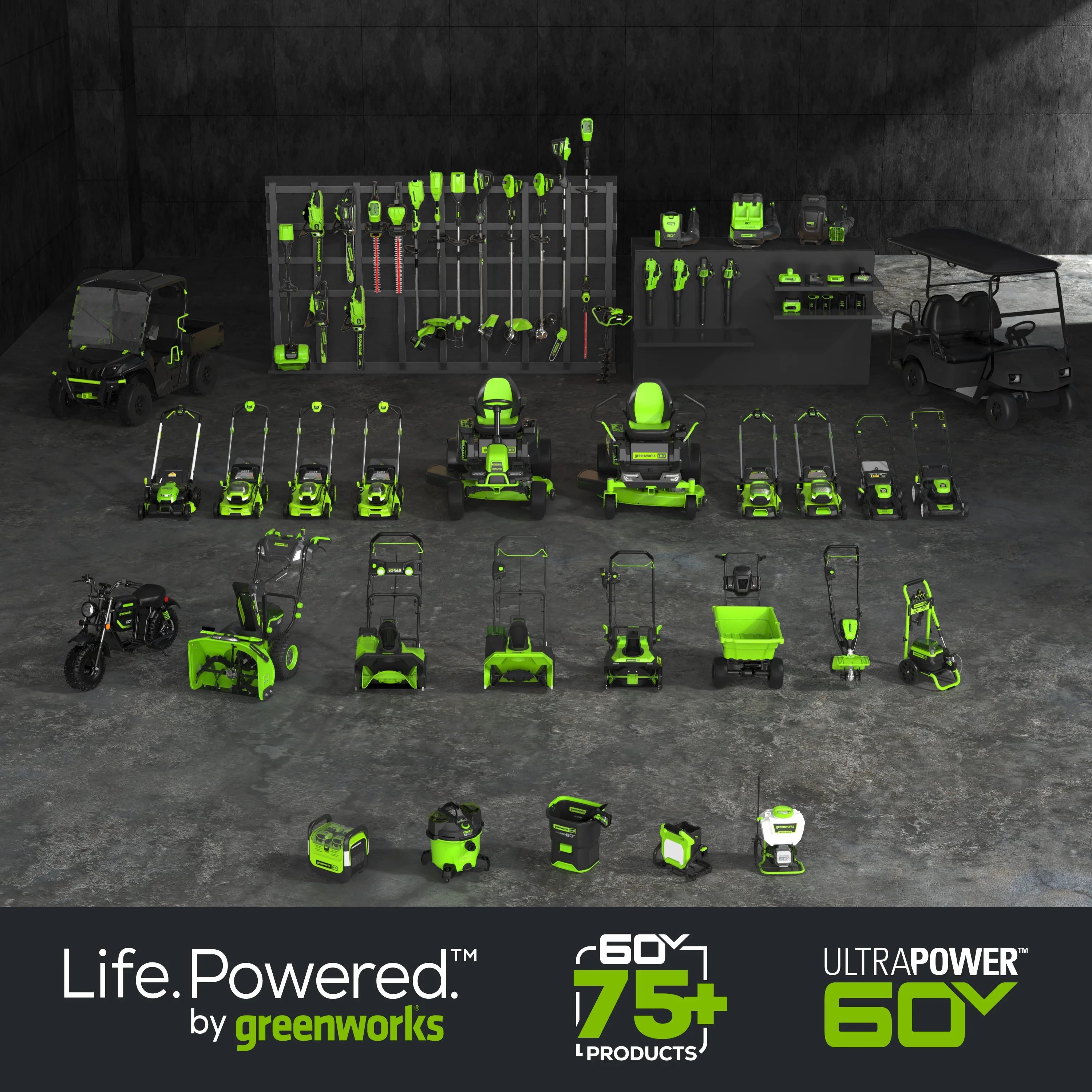 60V Cordless Riding Lawn Mower with Six Batteries and Wall Charger