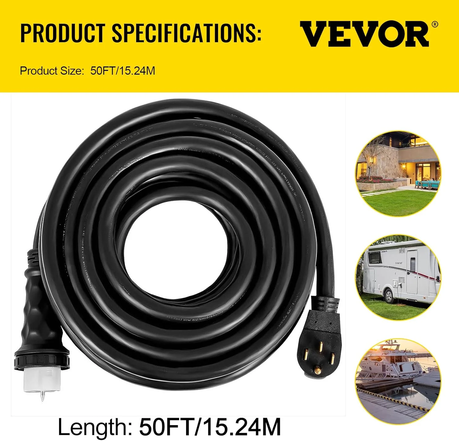 VEVOR Generator Extension Cord 50 ft 50 Amp STW 125V 250V 12500W N14-50P SS2-50R CS6364 – 45446 + 45505
