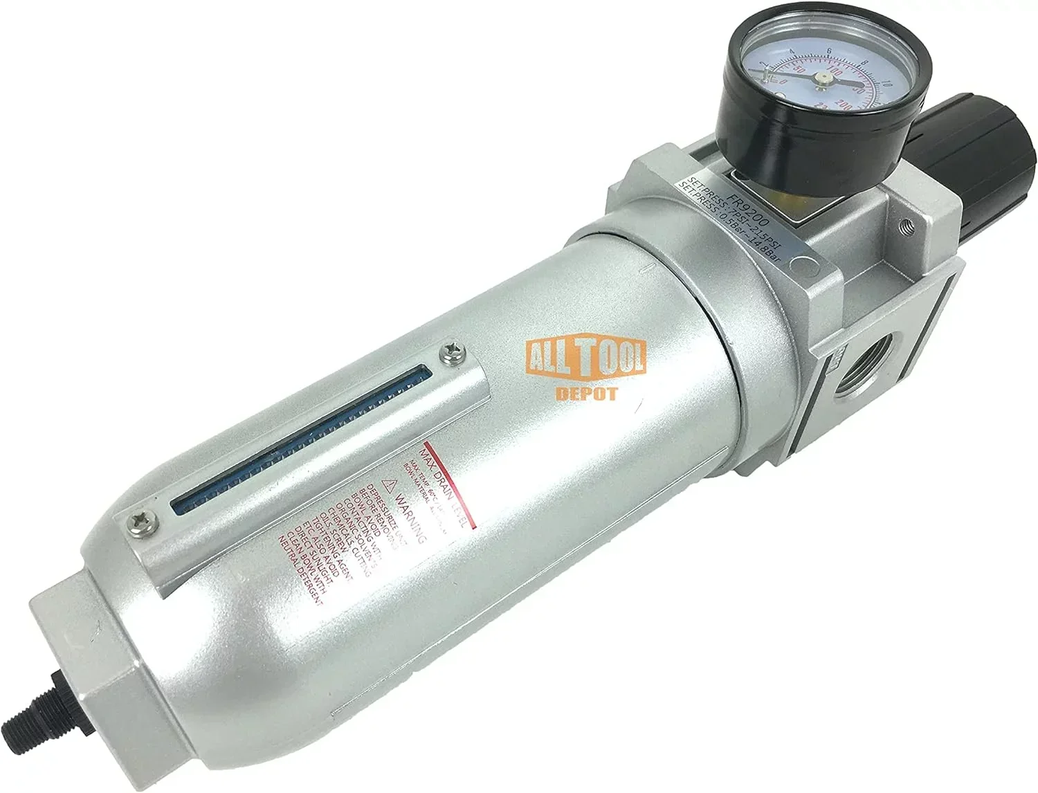 NPT Compressed Air In-Line Filter Regulator Combo, Metal Bowl, 5 Micron, 7 To 175 PSI – Auto Drain